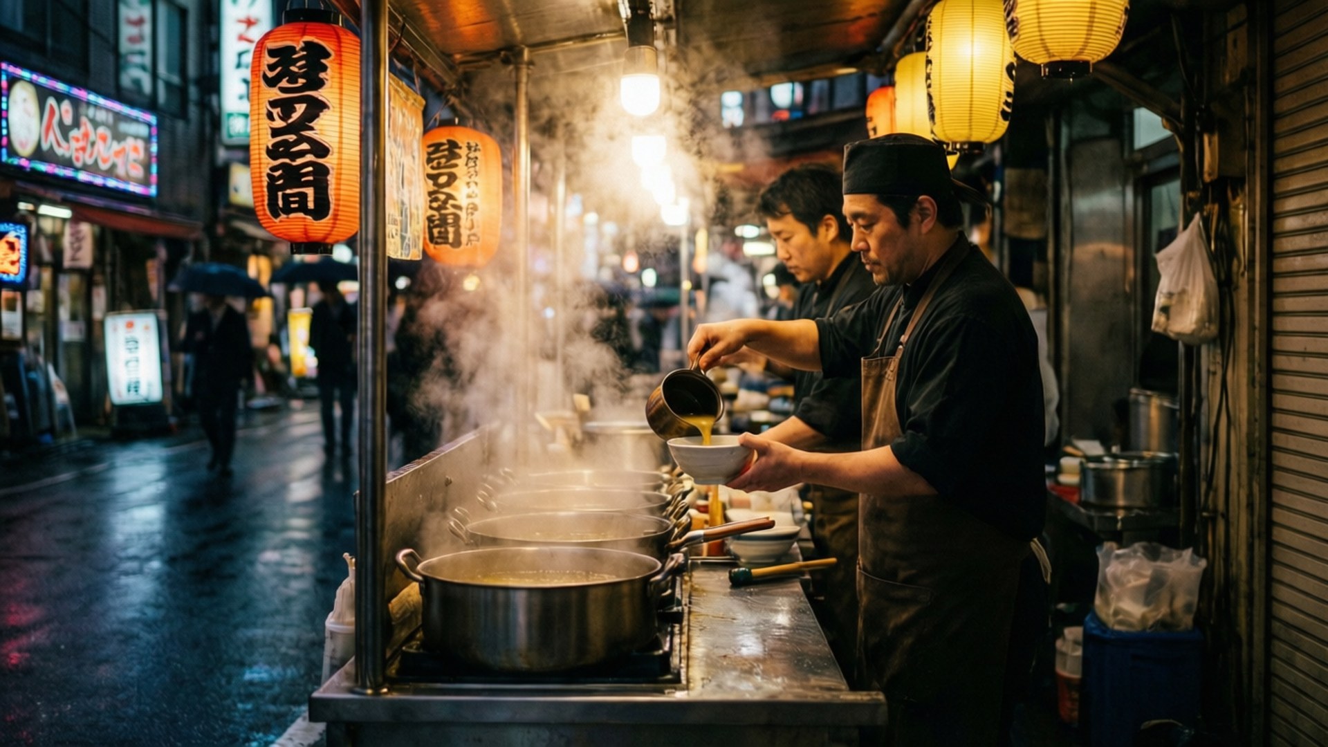 Night Ramen Stall, glowing lanterns, bustling night market stall, Full HD Desktop Wallpaper