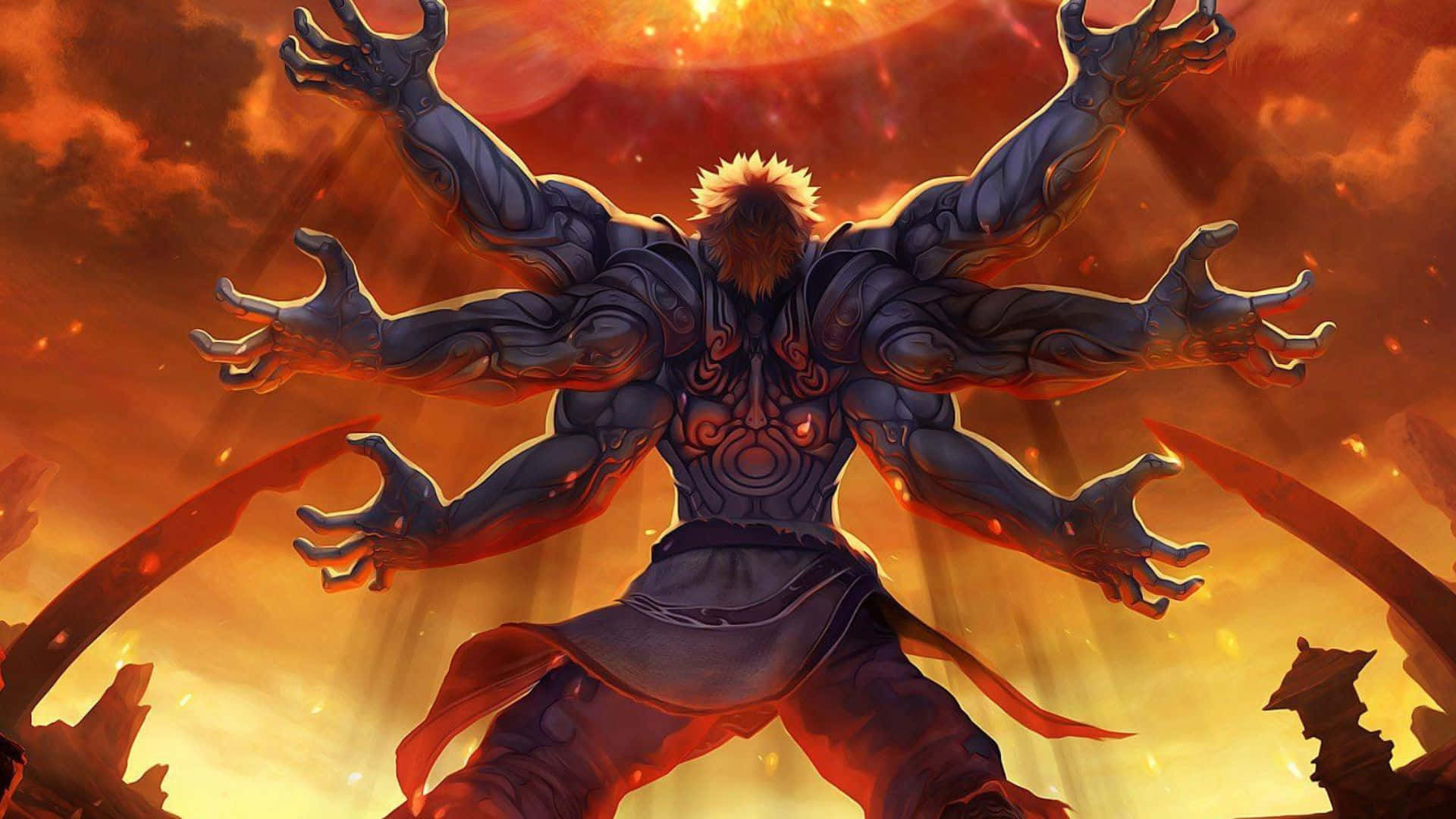 Haki, six arms, fiery orange sky, Full HD Desktop Wallpaper
