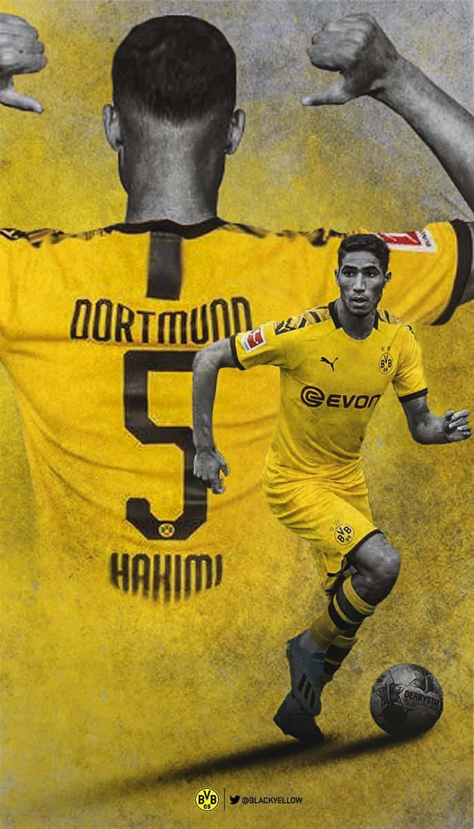 Hakimi, yellow Dortmund jersey, giant back view of jersey, SD Phone Wallpaper