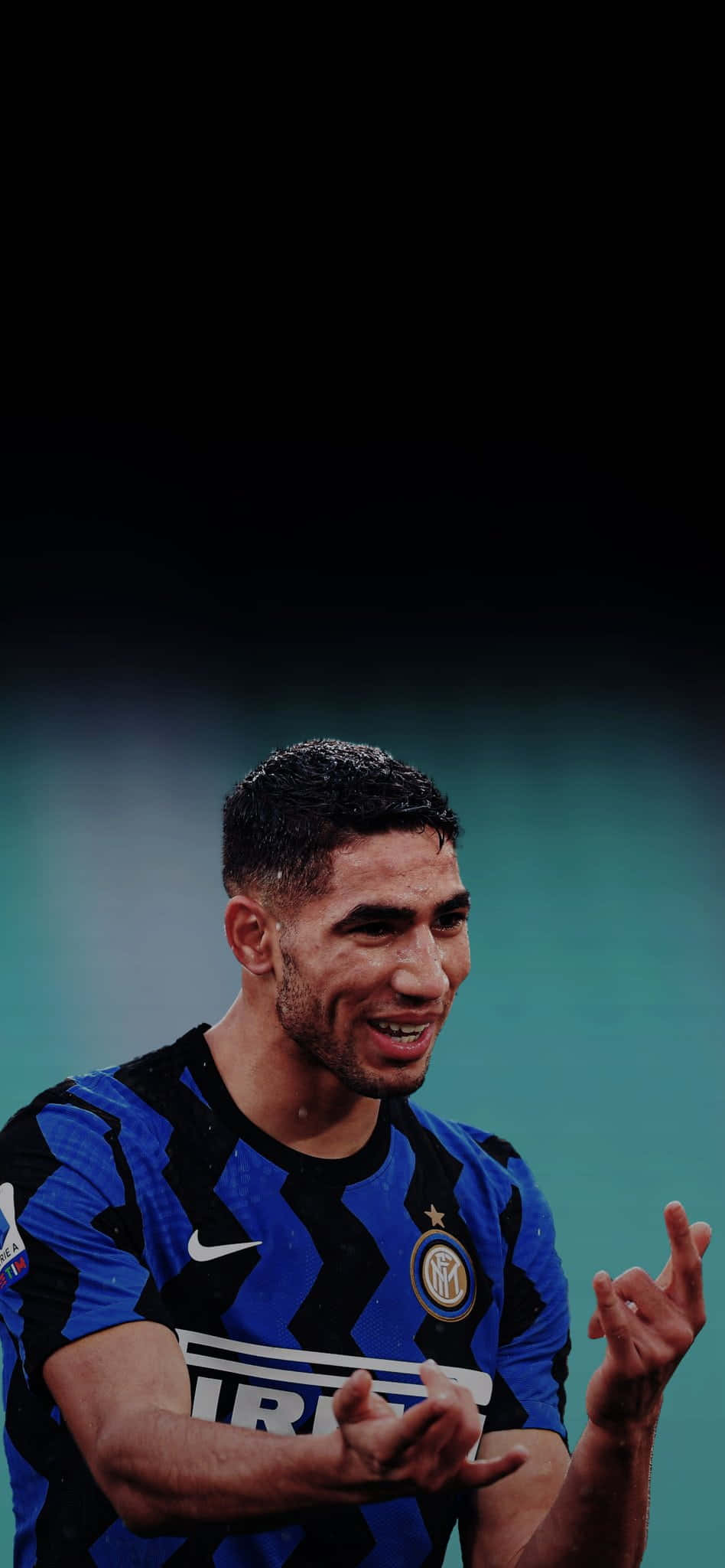 Hakimi, blue and black striped jersey, teal stadium background, Full HD Phone Wallpaper