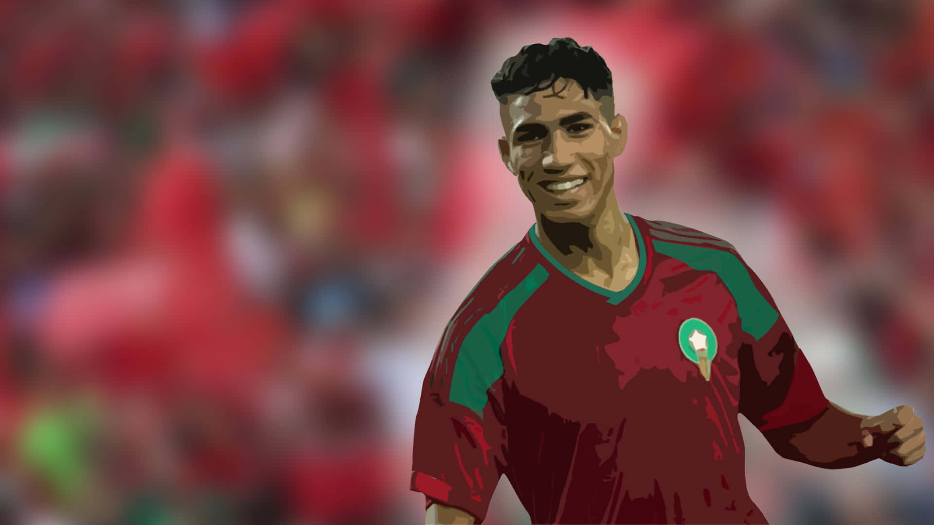 Hakimi, maroon and green jersey, blurred stadium crowd, Full HD Desktop Wallpaper