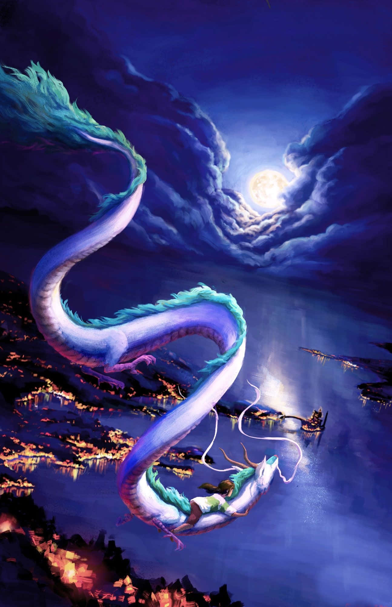 Haku, Spirited Away, luminous blue dragon, Full HD Phone Wallpaper