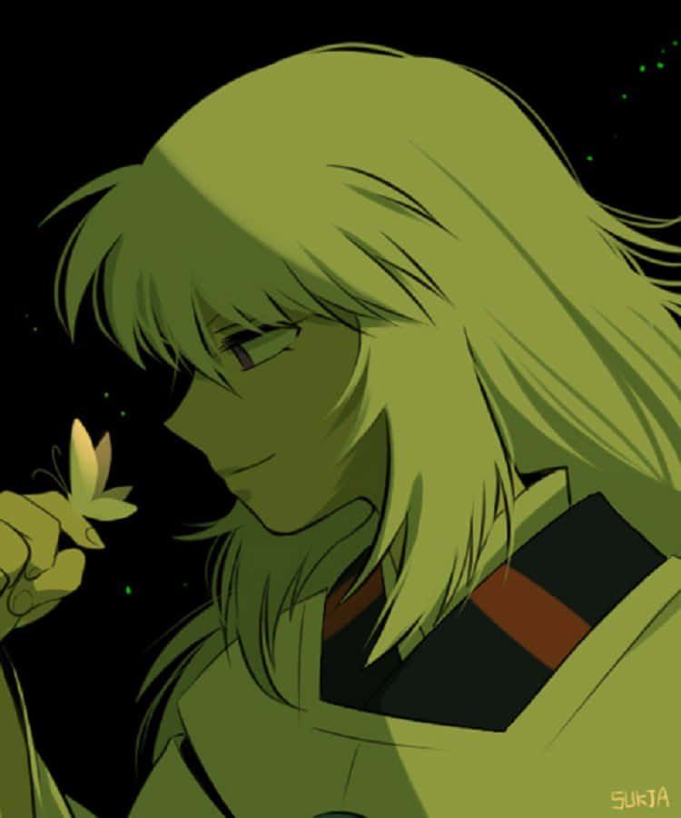 Hakudoshi, green-haired anime character, glowing flower, SD Phone Wallpaper