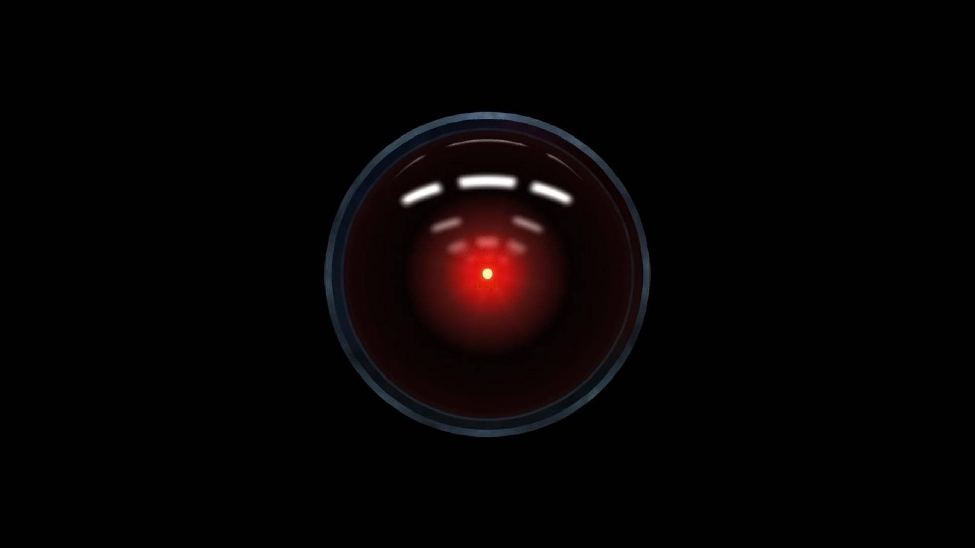 Hal 9000, red eye-like camera lens, pitch black background, Full HD Desktop Wallpaper