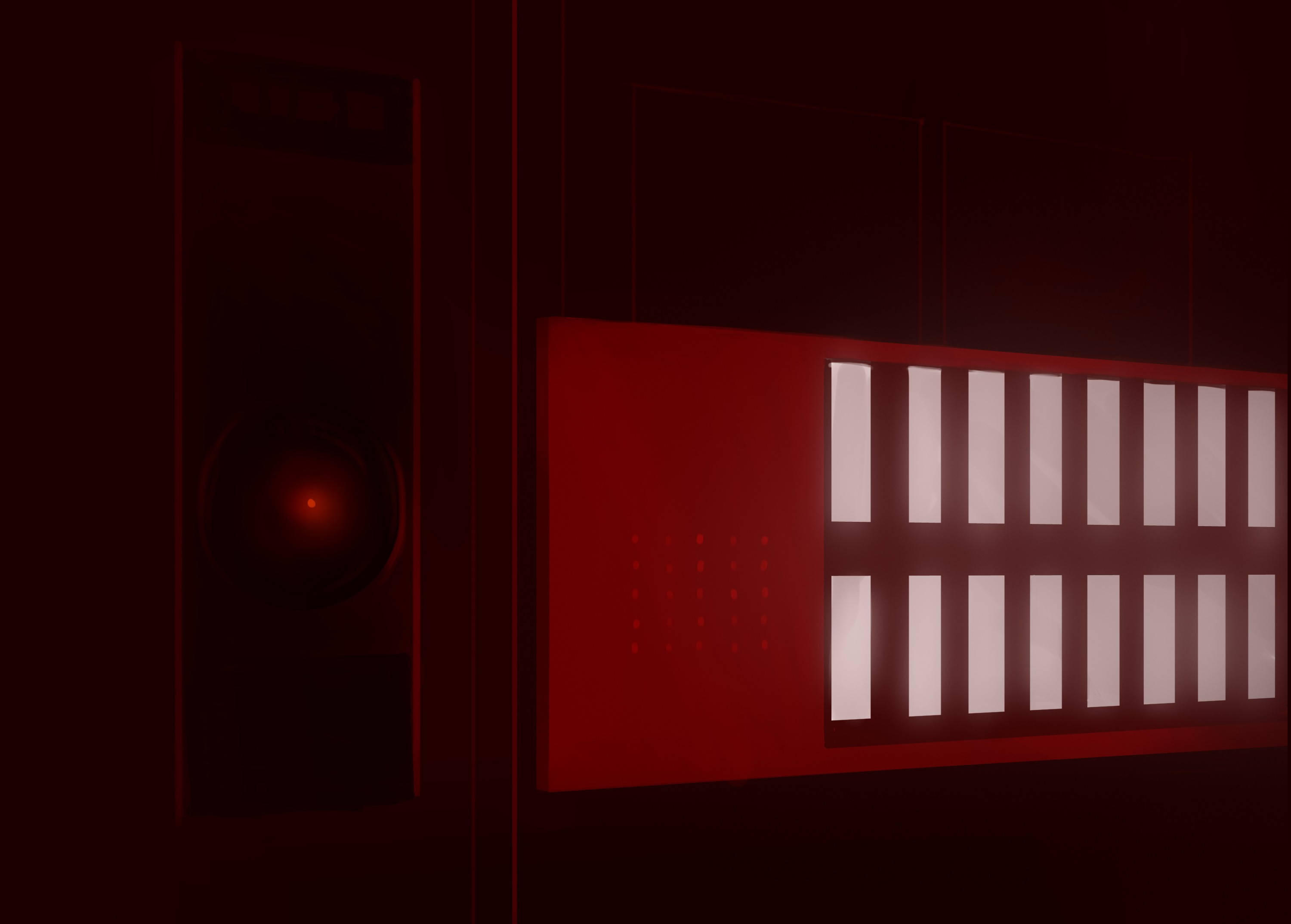 Hal 9000, red room, glowing white bars, 2K Desktop Wallpaper
