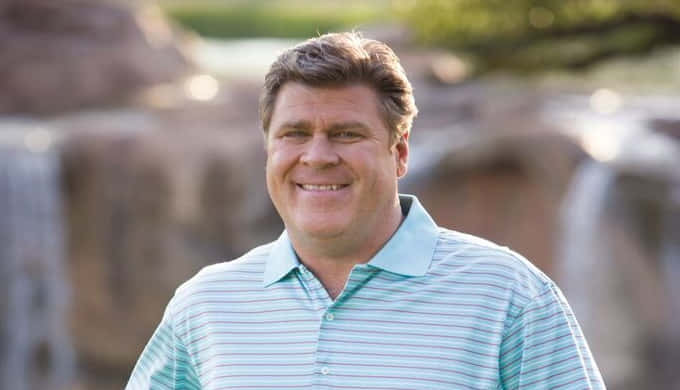 Hal Sutton, striped polo shirt, rocky waterfall, SD Desktop Wallpaper