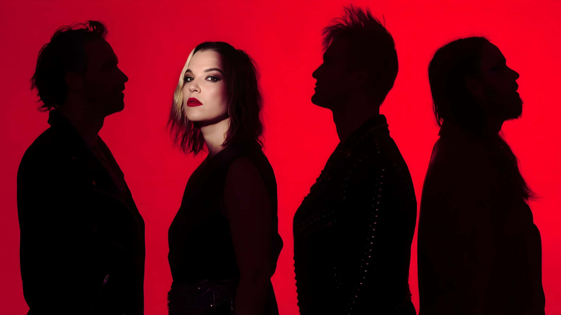 Halestorm, silhouetted figures, vivid red backdrop, Full HD Desktop Wallpaper