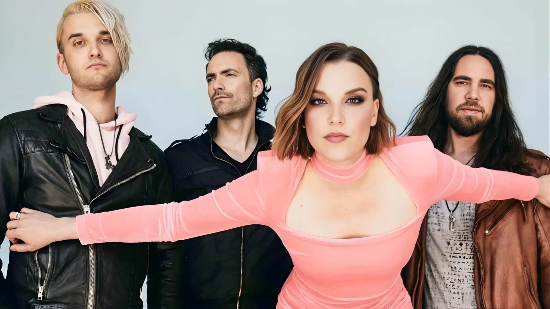 Halestorm, lead singer, vibrant pink dress, Full HD Desktop Wallpaper
