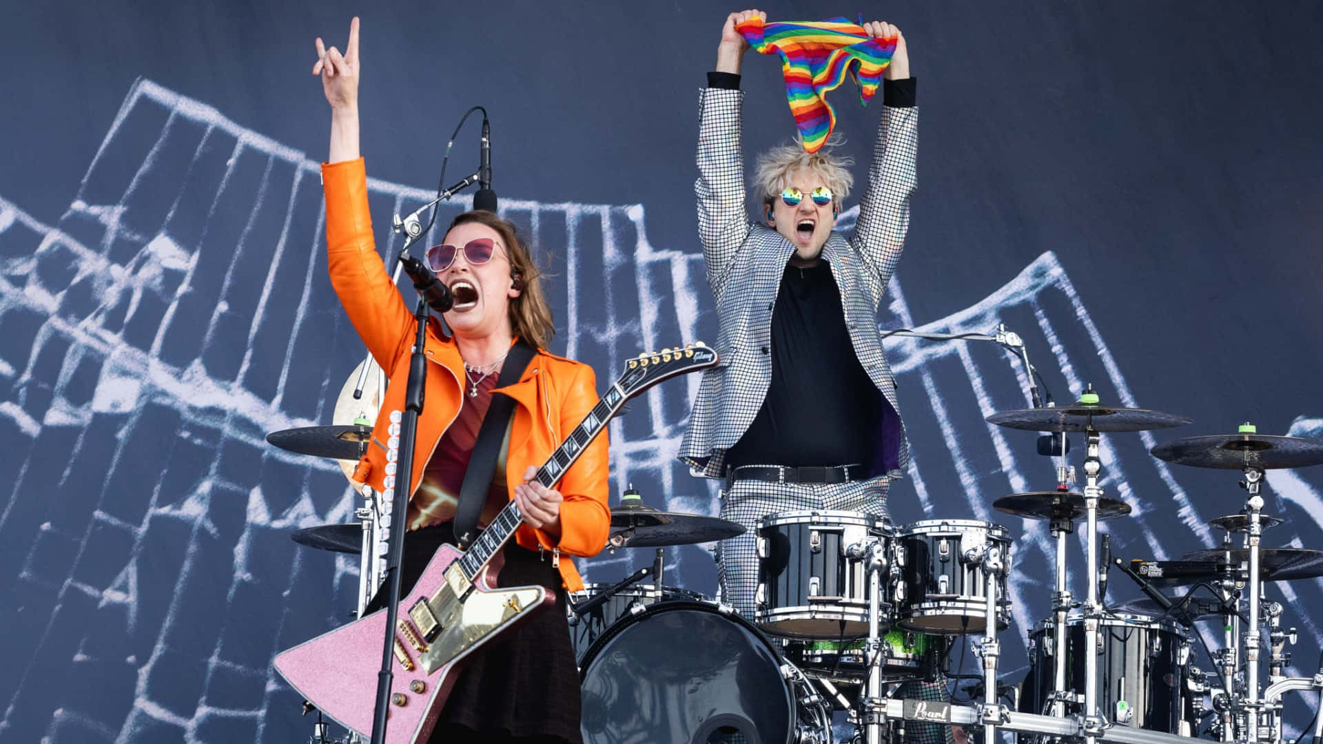 Halestorm, orange jacket, pink guitar, Full HD Desktop Wallpaper