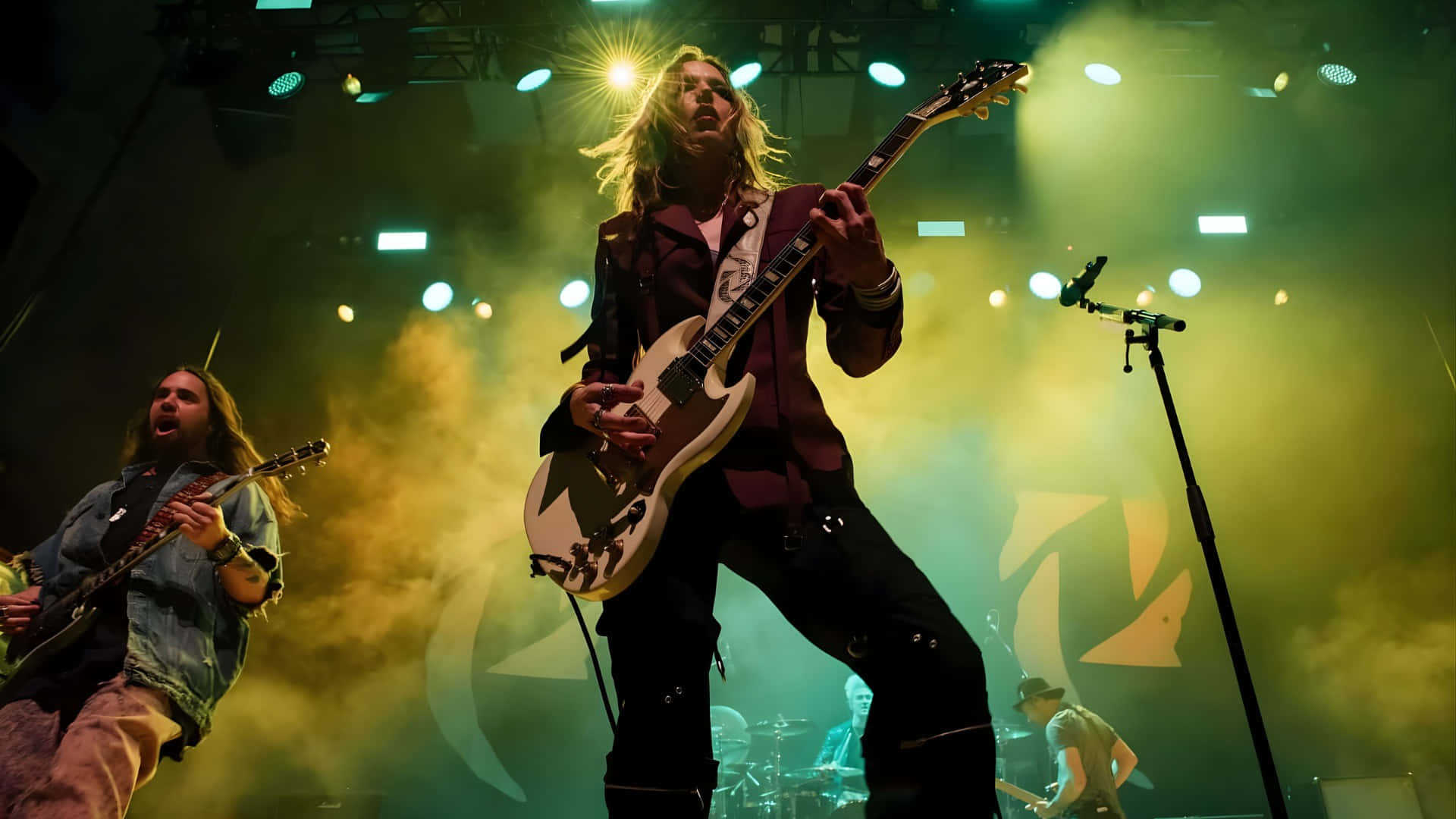 Halestorm, white electric guitar, bright stage lights, Full HD Desktop Wallpaper