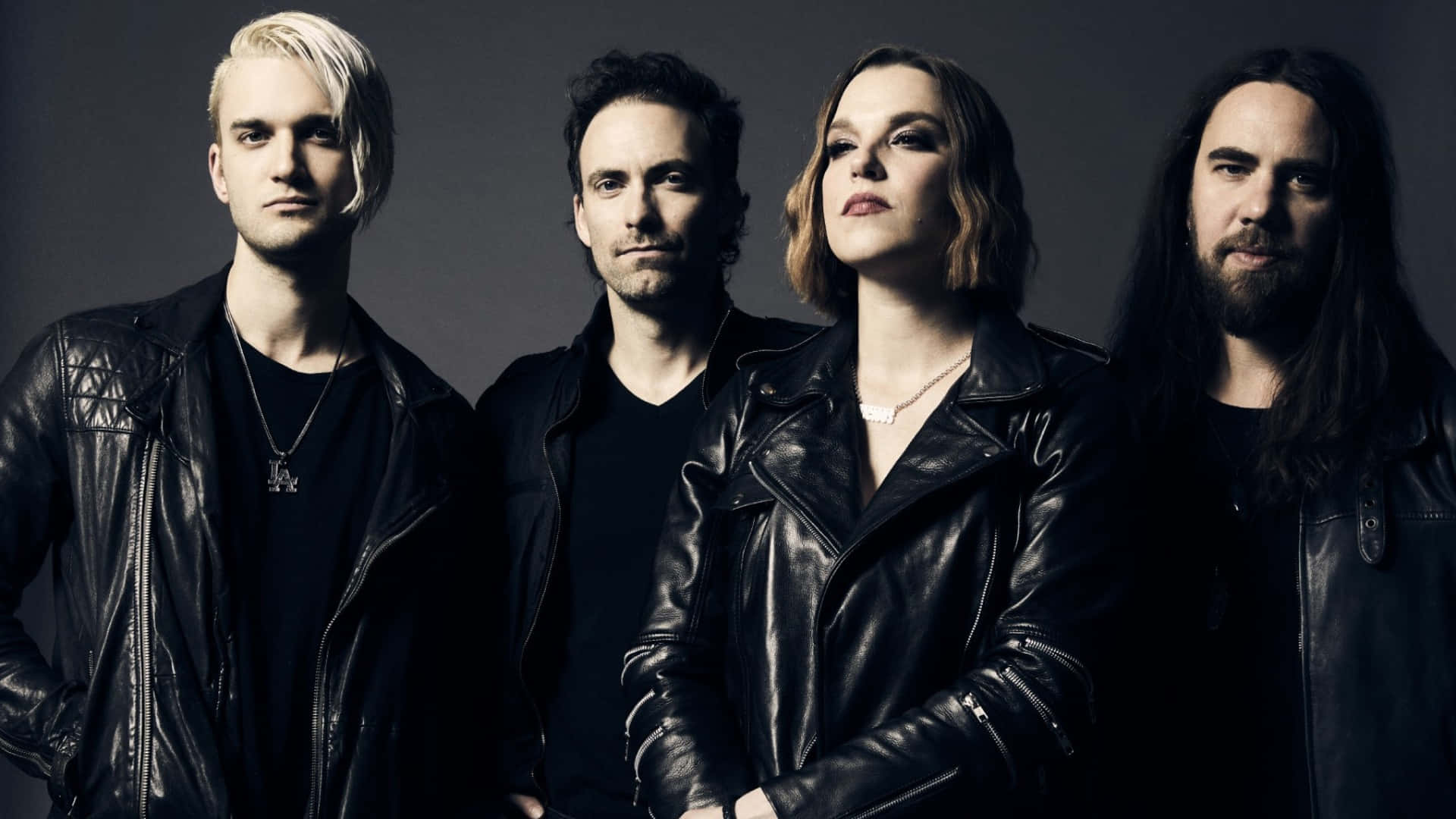 Halestorm, black leather jackets, dark gray studio background, Full HD Desktop Wallpaper
