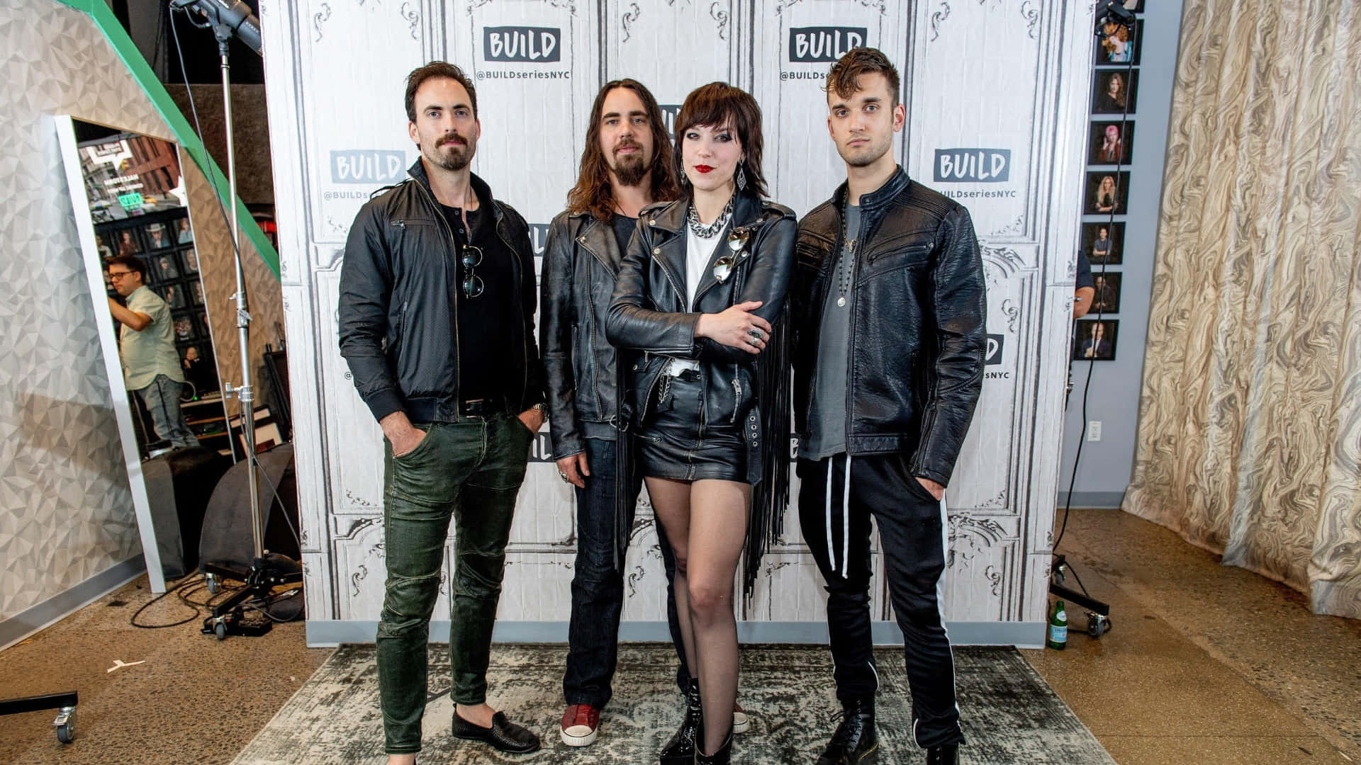 Halestorm, black leather jackets, white ornate backdrop, Full HD Desktop Wallpaper