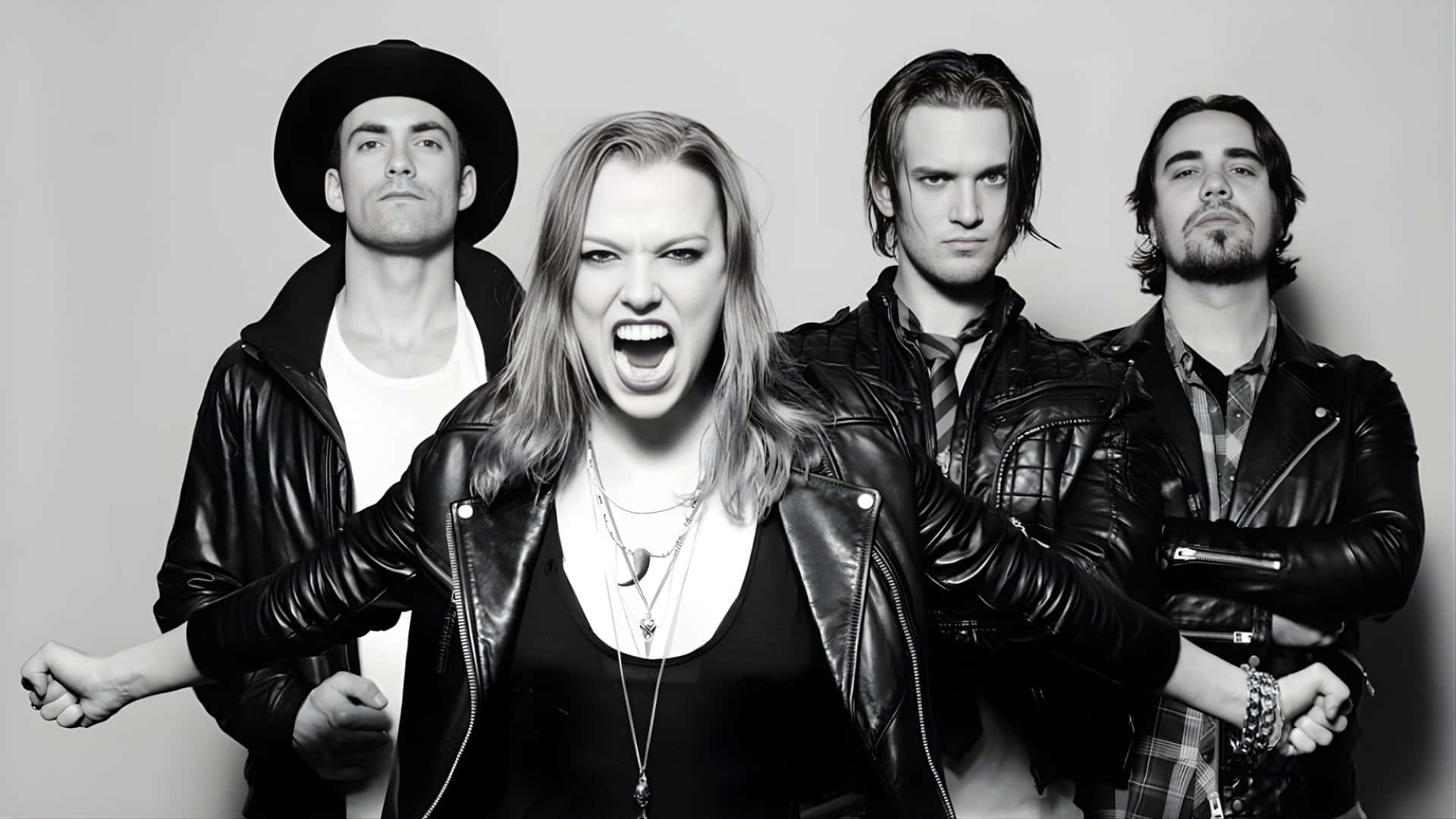 Halestorm, leather jackets, black and white photo, Full HD Desktop Wallpaper
