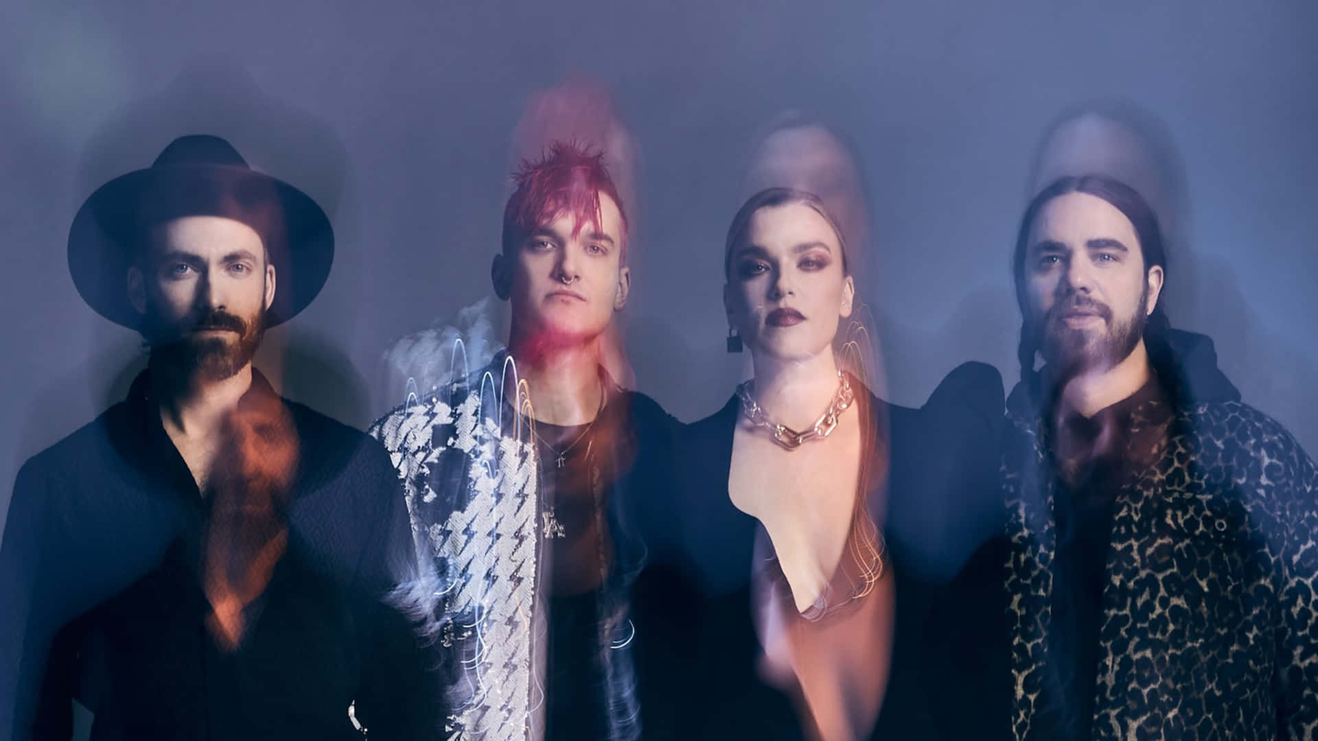 Halestorm, band members, smoky blue background, Full HD Desktop Wallpaper