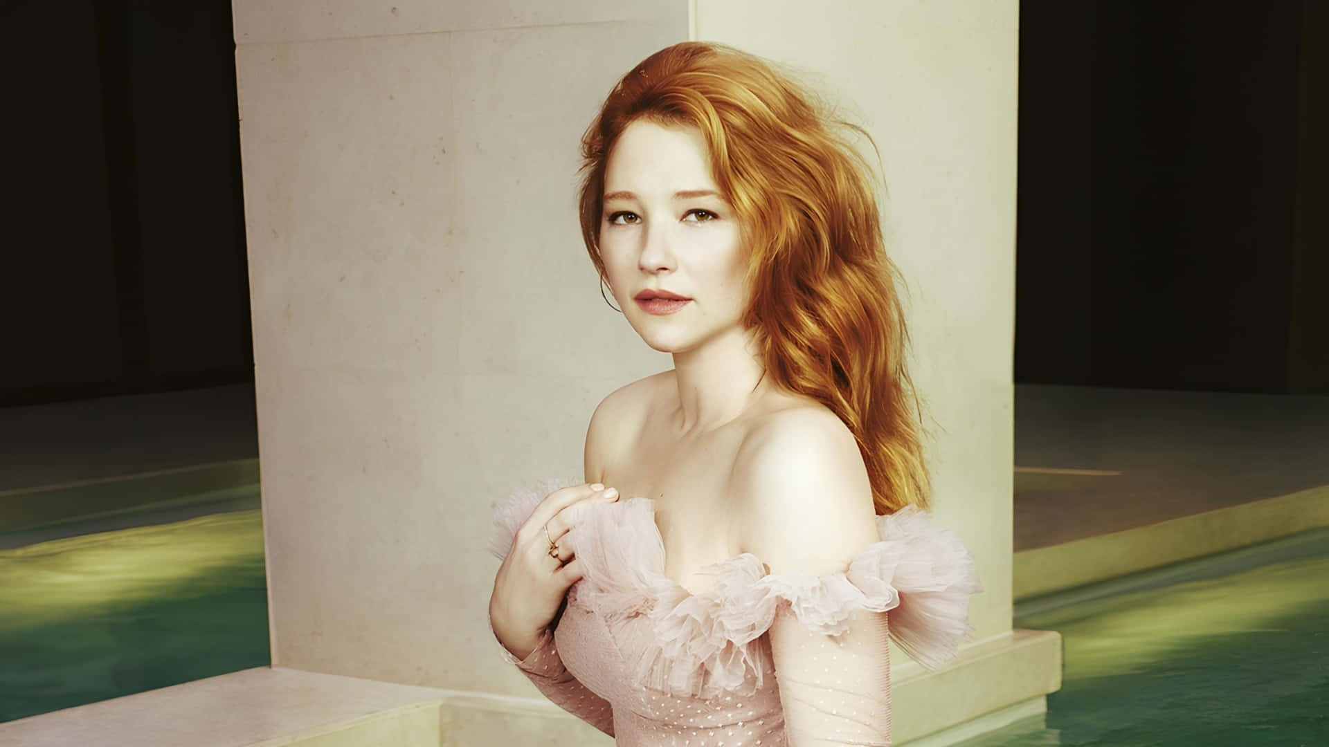 Haley Bennett, fiery red hair, delicate pink off-shoulder gown, Full HD Desktop Wallpaper