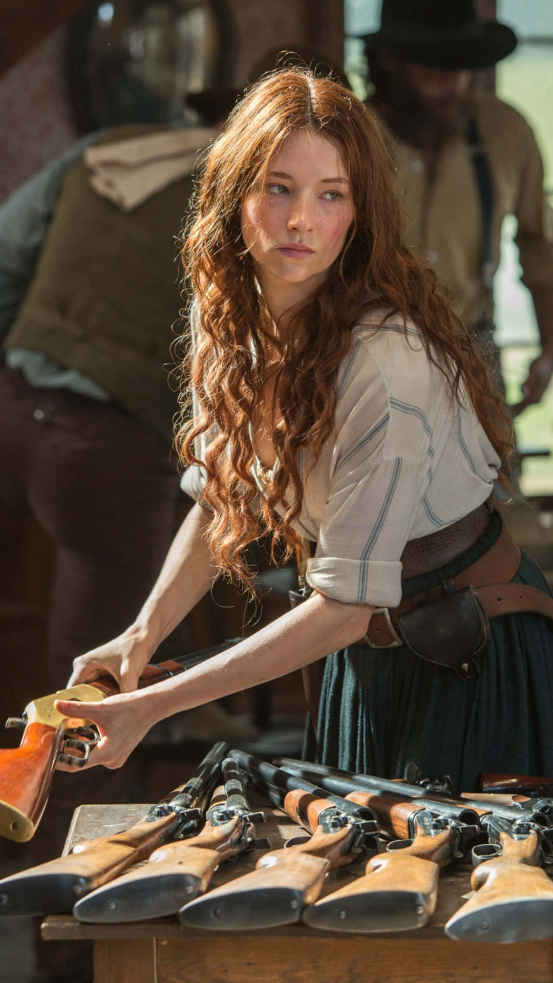 Haley Bennett, western movie scene, long red hair, Full HD Phone Wallpaper