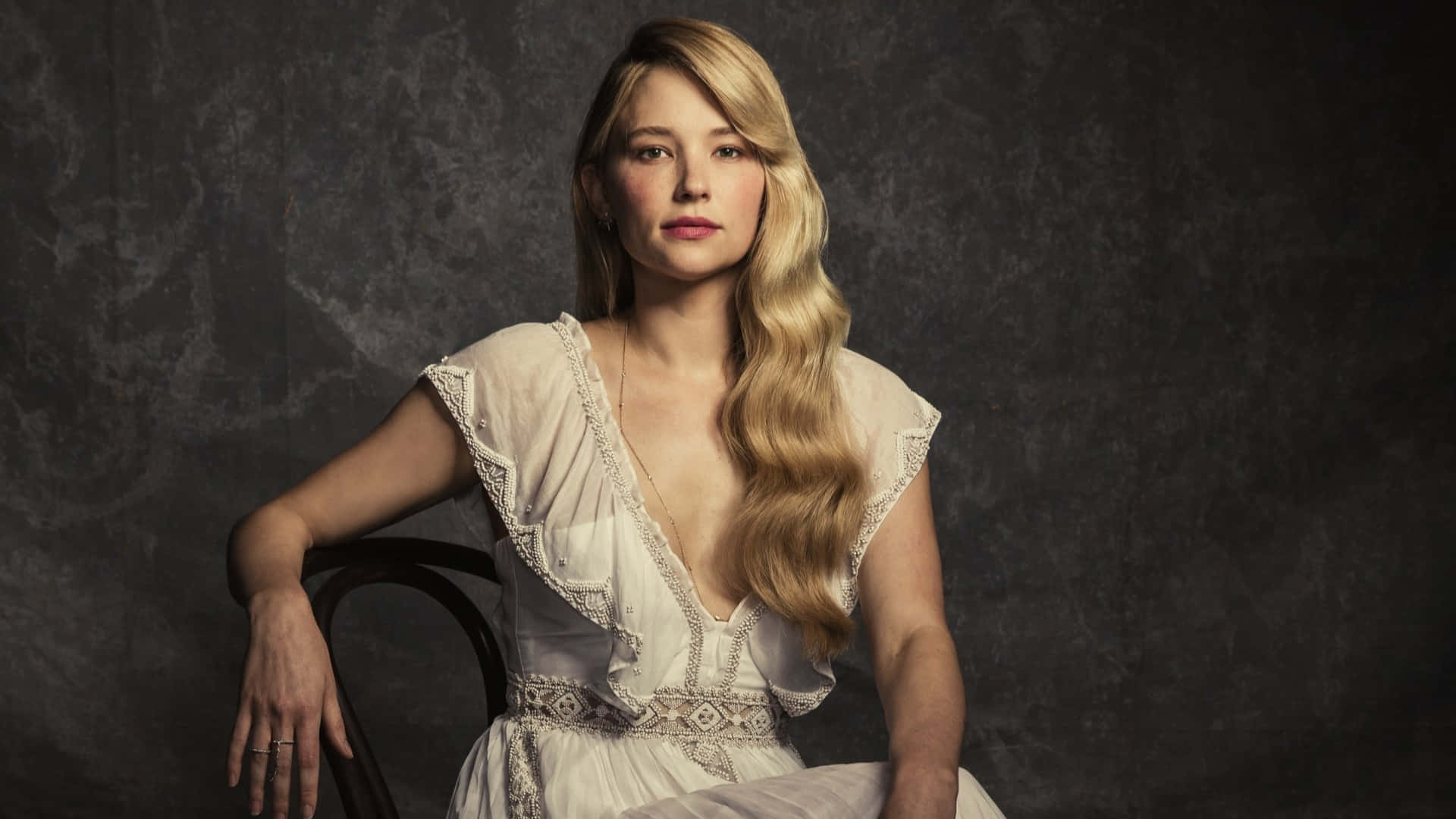 Haley Bennett, long blonde hair, white lace dress, Full HD Desktop Wallpaper
