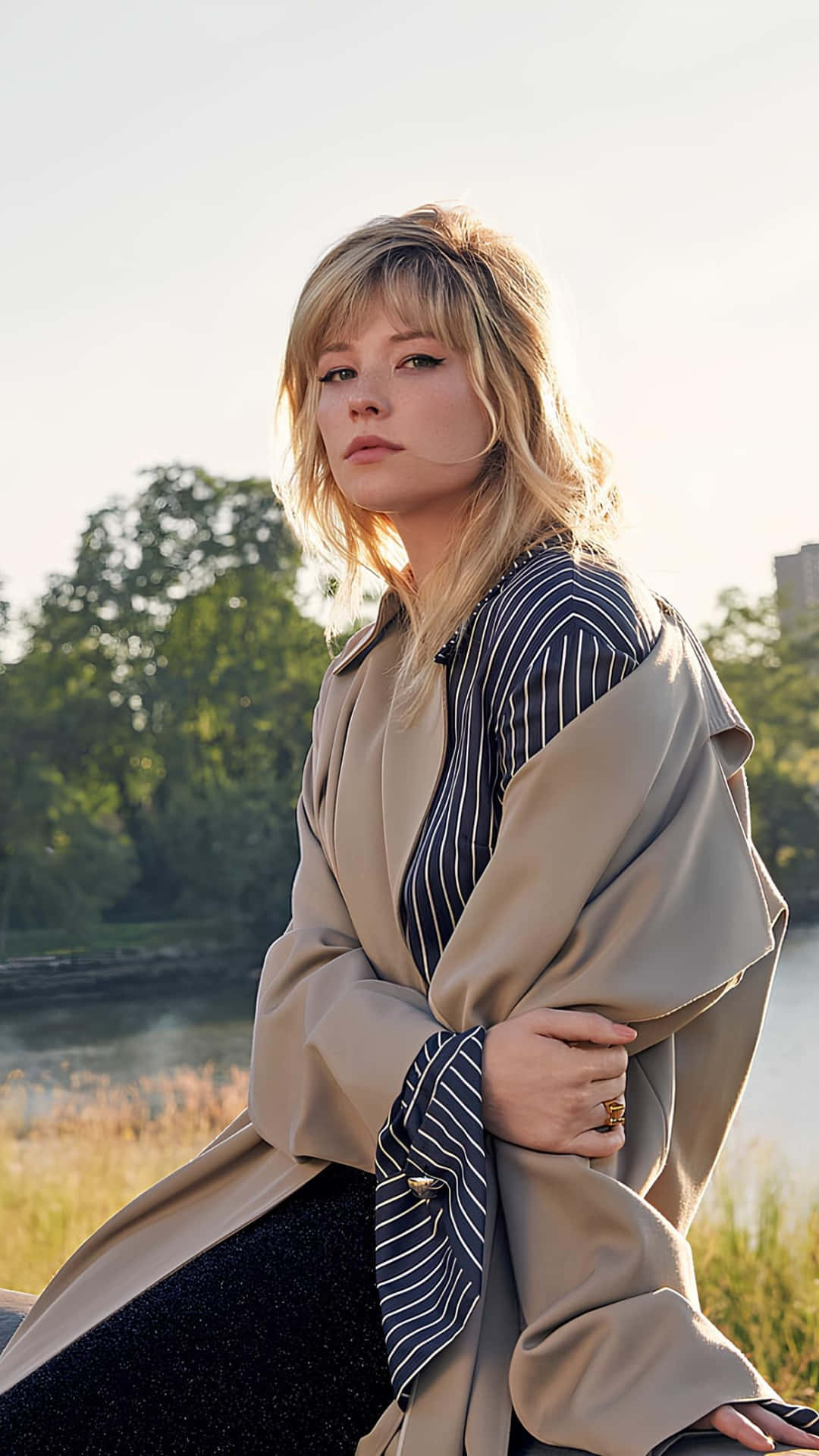 Haley Bennett, blonde hair, beige coat, Full HD Phone Wallpaper