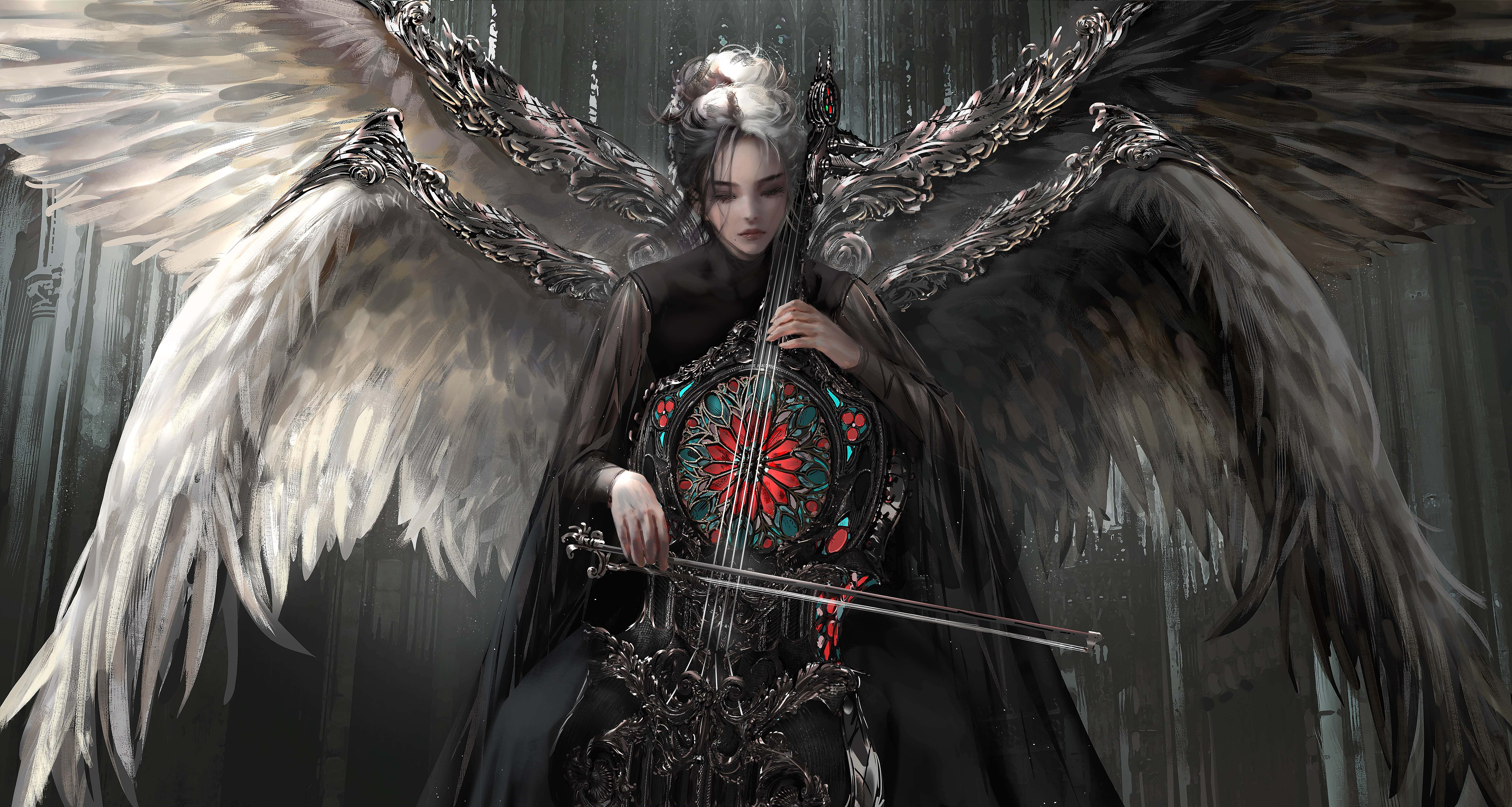 Half Angel Half Demon Warrior, dual-toned wings, violin adorned with a red floral design, 5K Desktop Wallpaper
