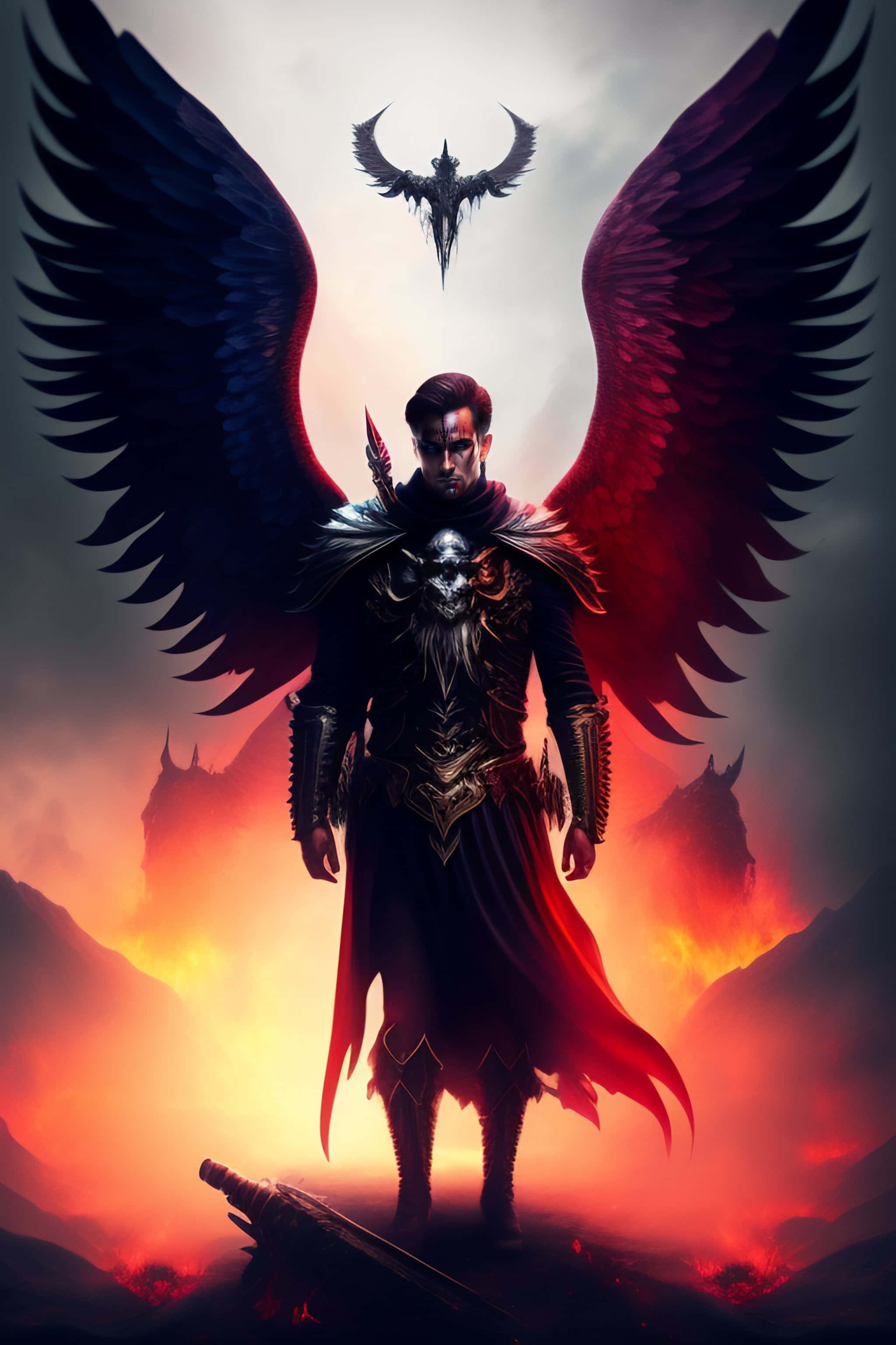 Angel Demon Warrior, black and red wings, fiery landscape, 2K Phone Wallpaper