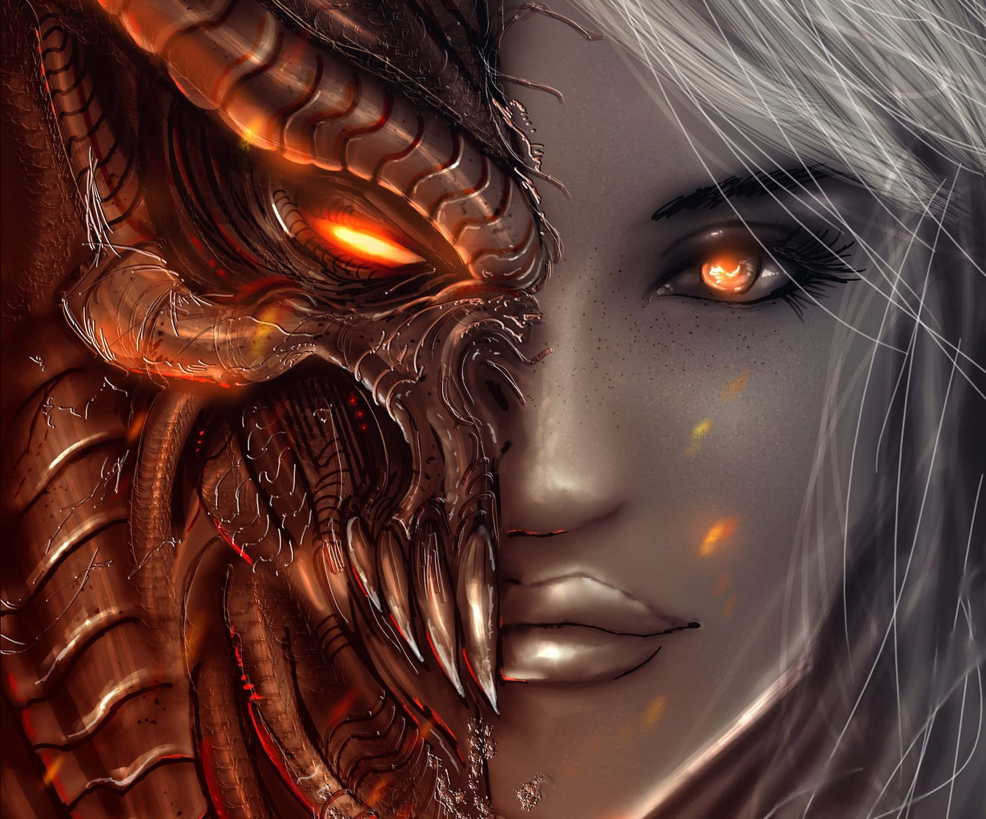 Half Angel Half Demon, silver hair, glowing orange eyes, Full HD Desktop Wallpaper