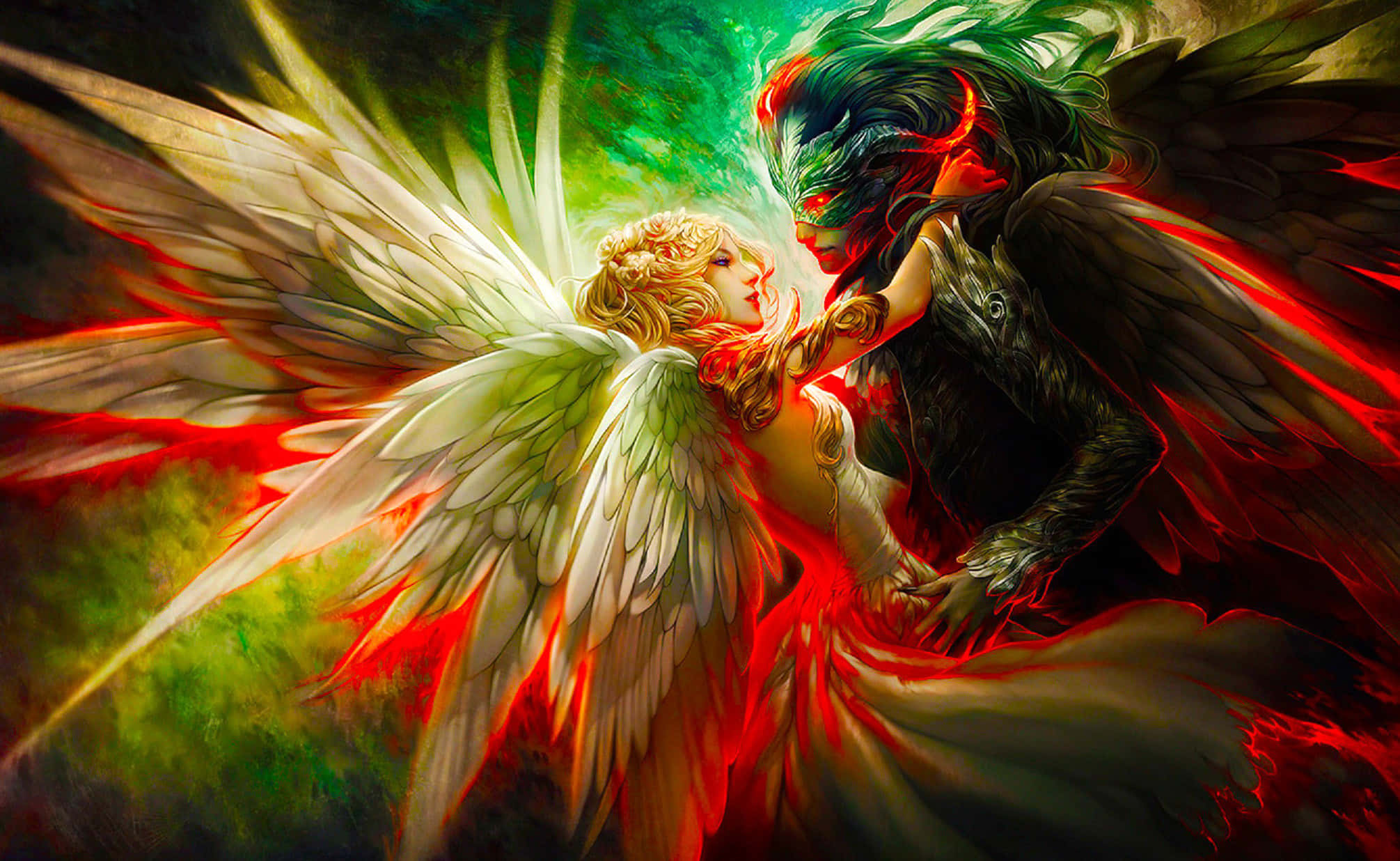 Ethereal Conflict Angel Demon, white wings, dark demonic figure, Full HD Desktop Wallpaper