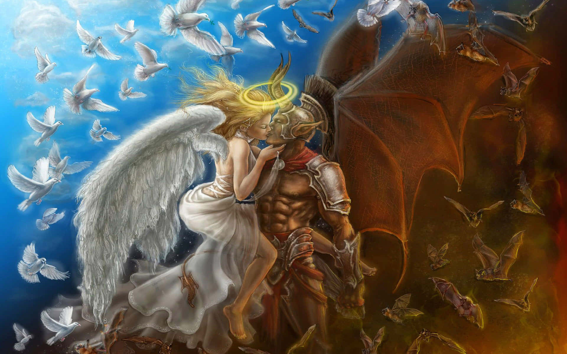 golden haloed angel, white robes, muscular armored warrior, Full HD Desktop Wallpaper