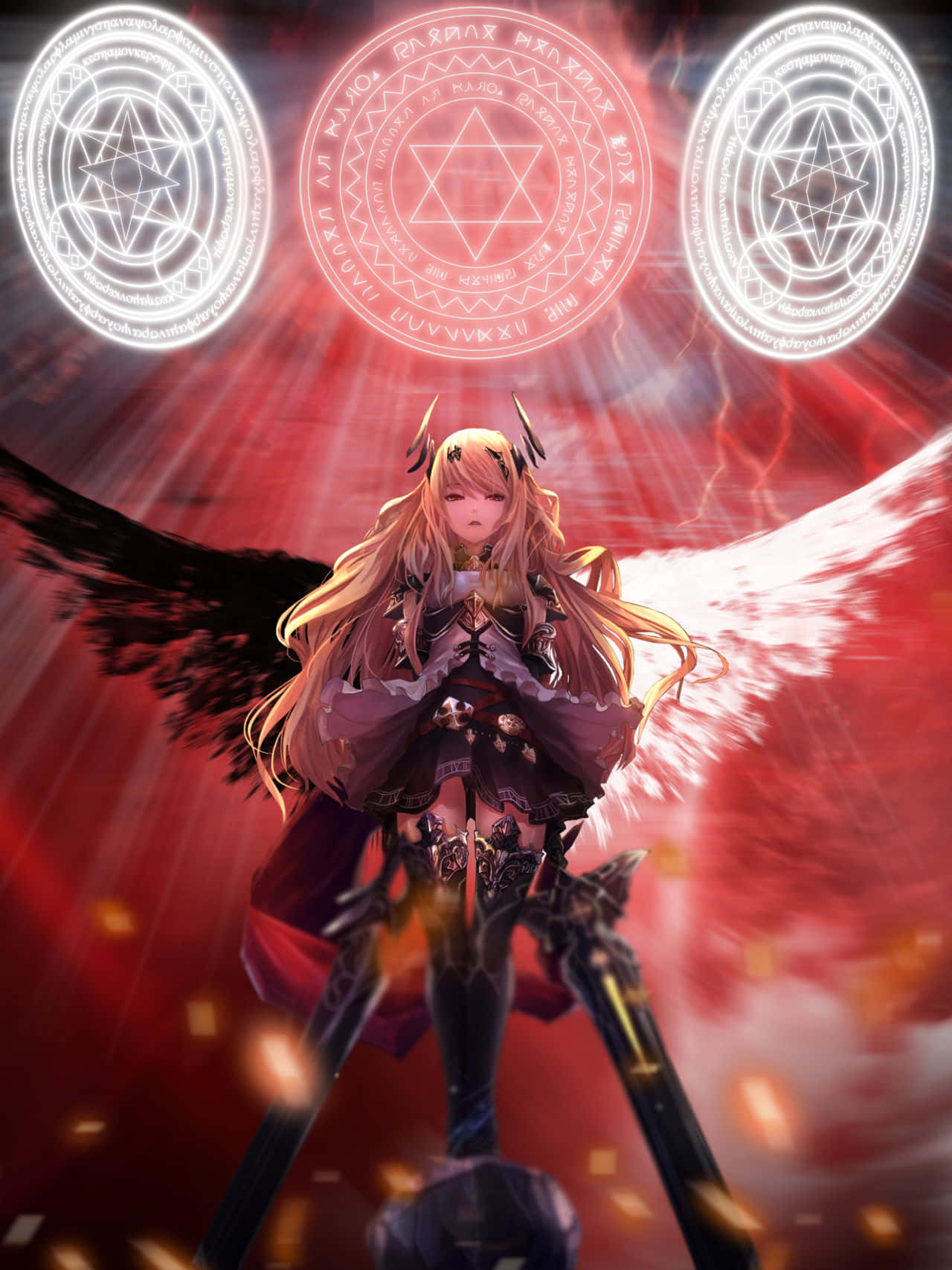 Half Angel Half Demon Warrior, blonde anime girl, black and white wings, HD Phone Wallpaper
