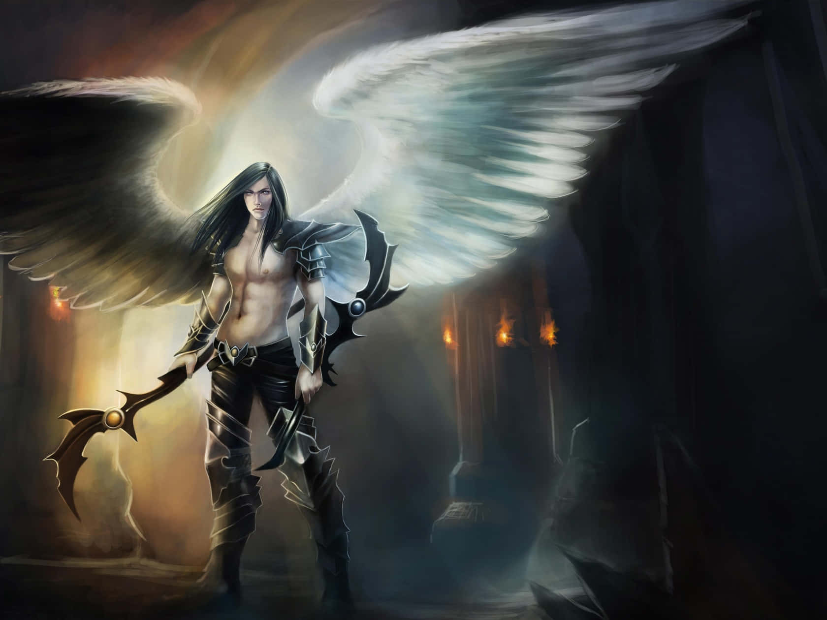angel demon hybrid, muscular angel, dual-toned wings, HD Desktop Wallpaper