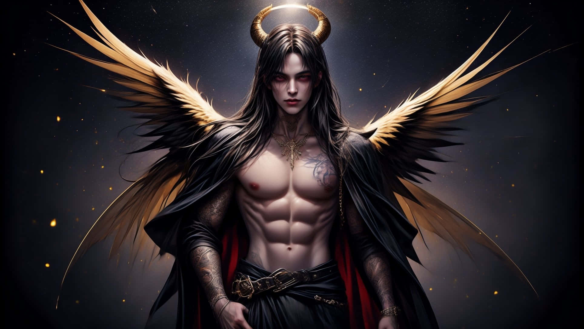Half Angel Half Demon, golden horns, feathered wings, Full HD Desktop Wallpaper