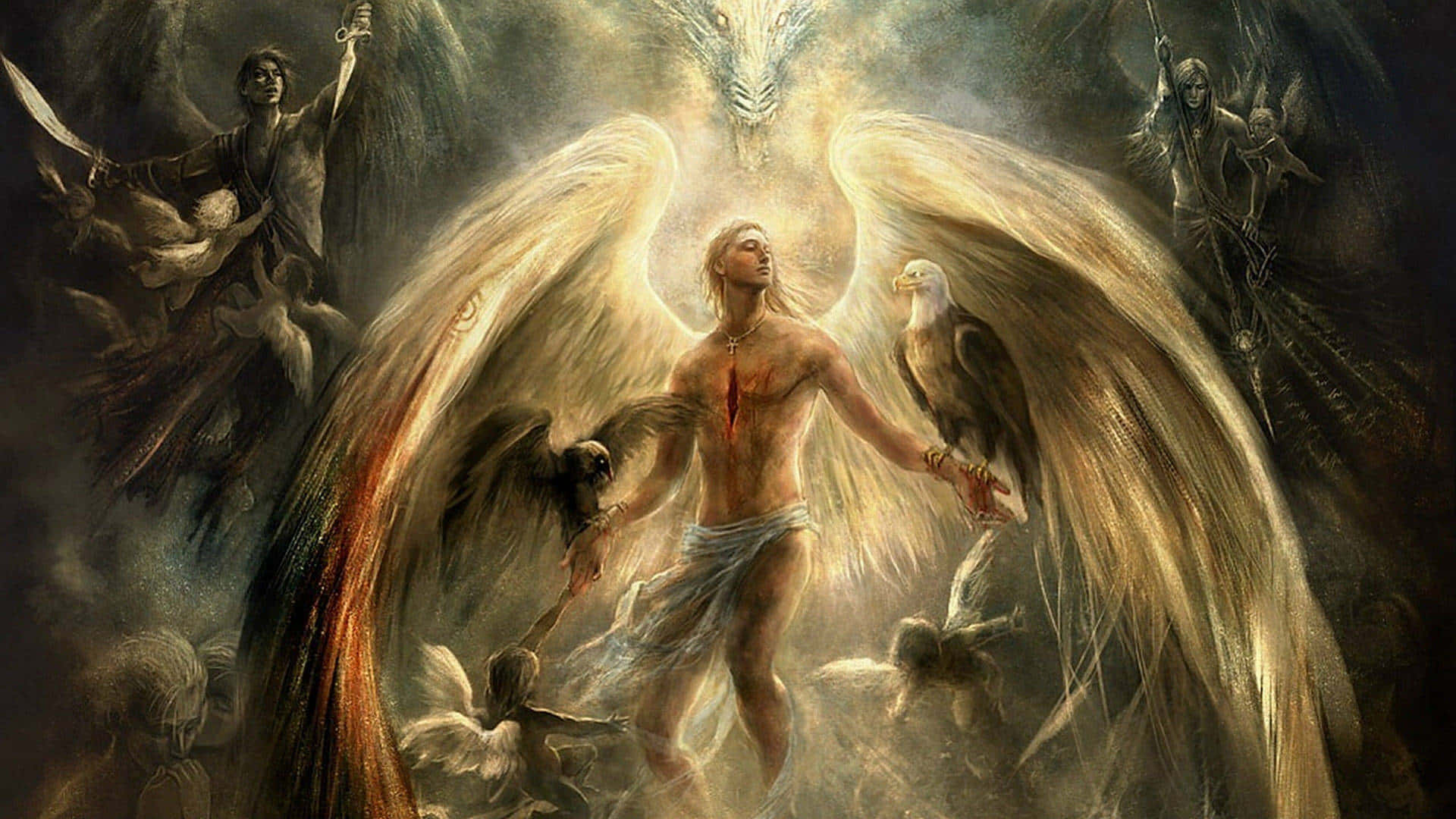 Half Angel Half Demon, golden wings, eagle, Full HD Desktop Wallpaper