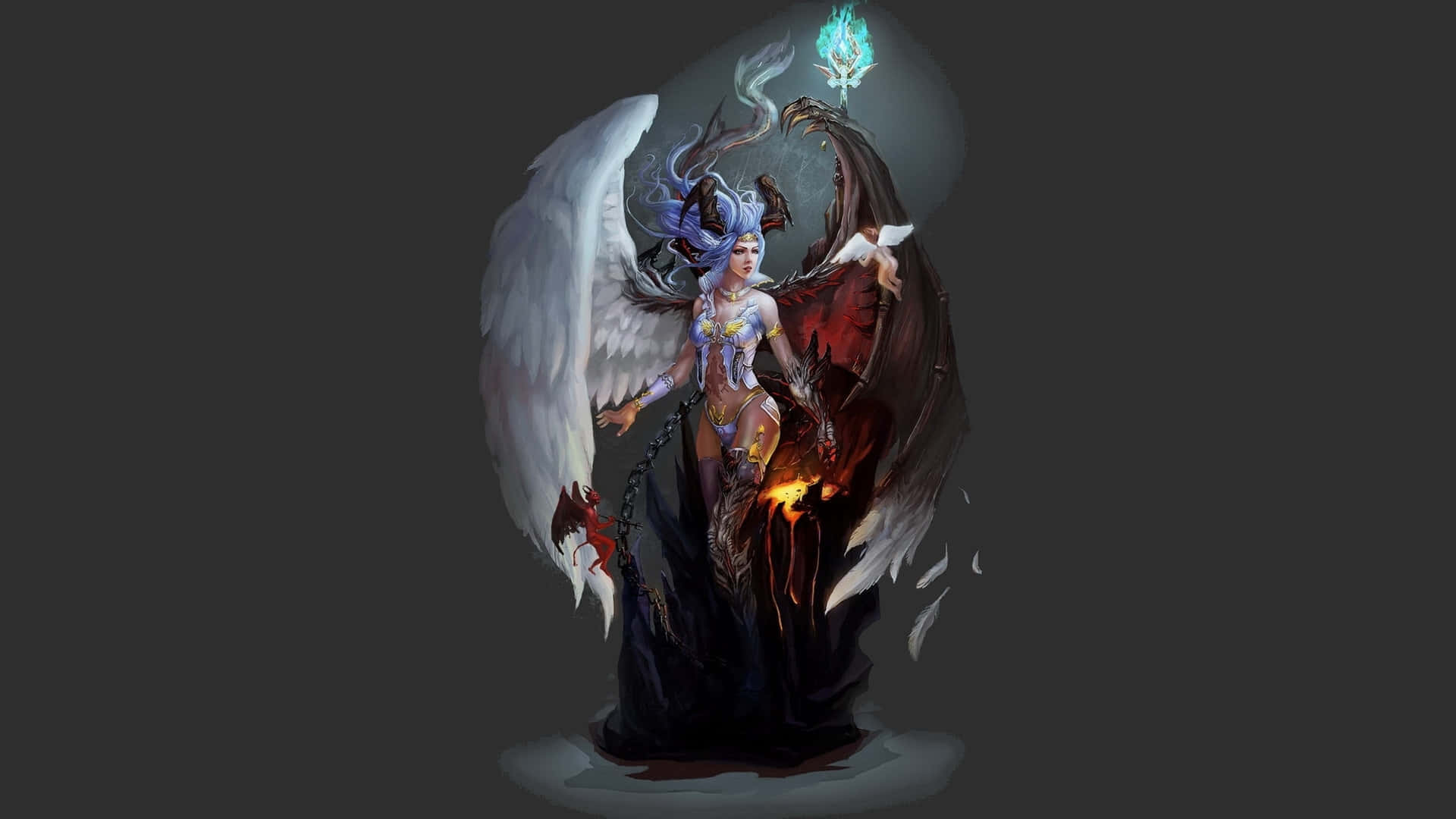 Half Angel Half Demon, white wings, blue hair, Full HD Desktop Wallpaper