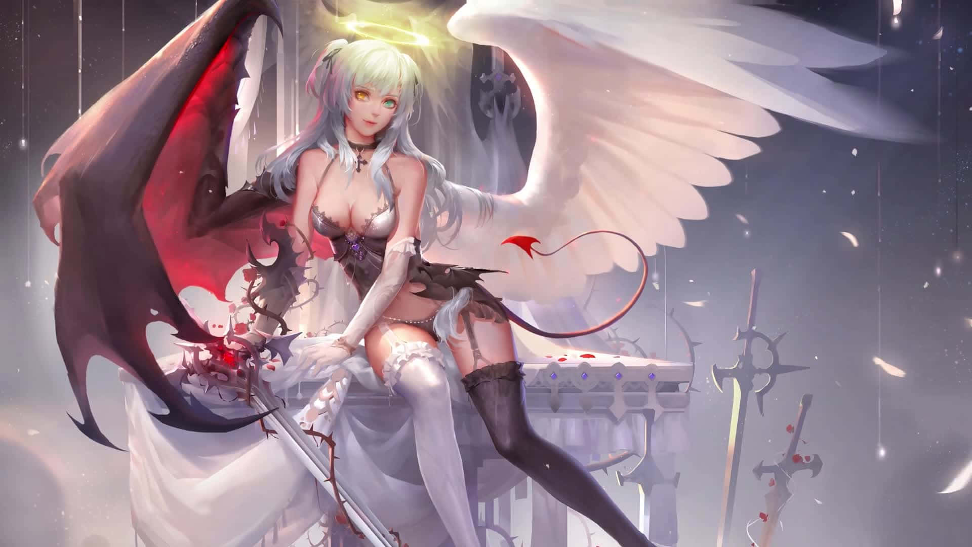 Half Angel Half Demon, anime angel demon, white hair, Full HD Desktop Wallpaper