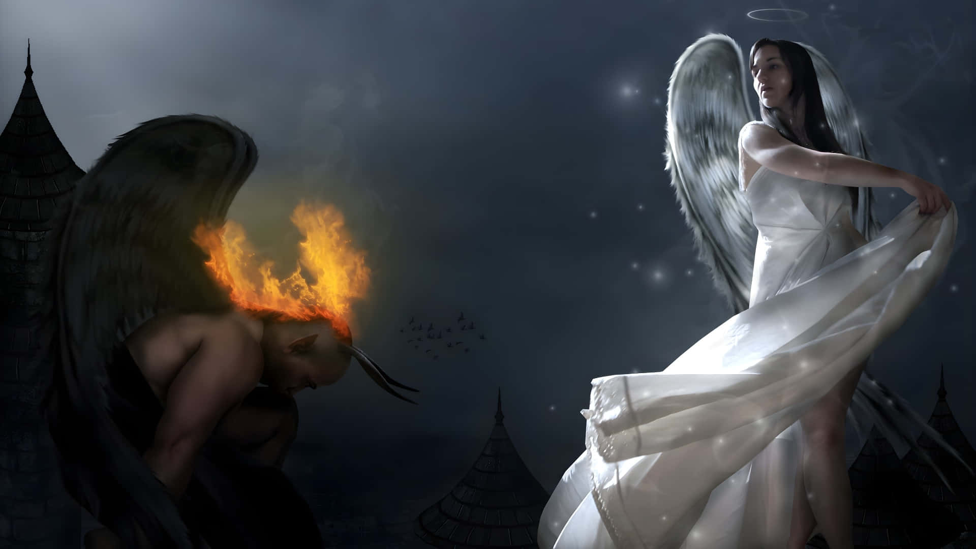 white angel, dark angel, flaming hair, Full HD Desktop Wallpaper
