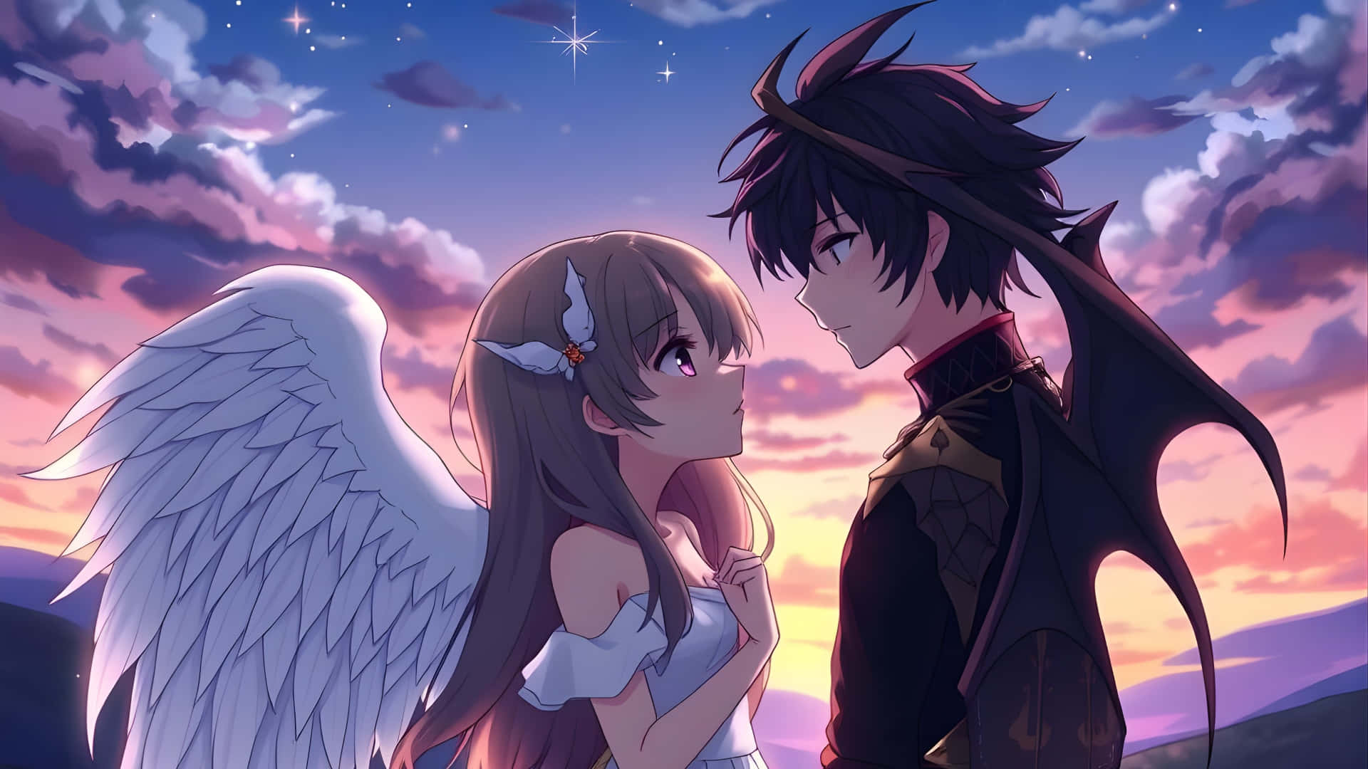 angel girl, devil boy, white-winged, Full HD Desktop Wallpaper