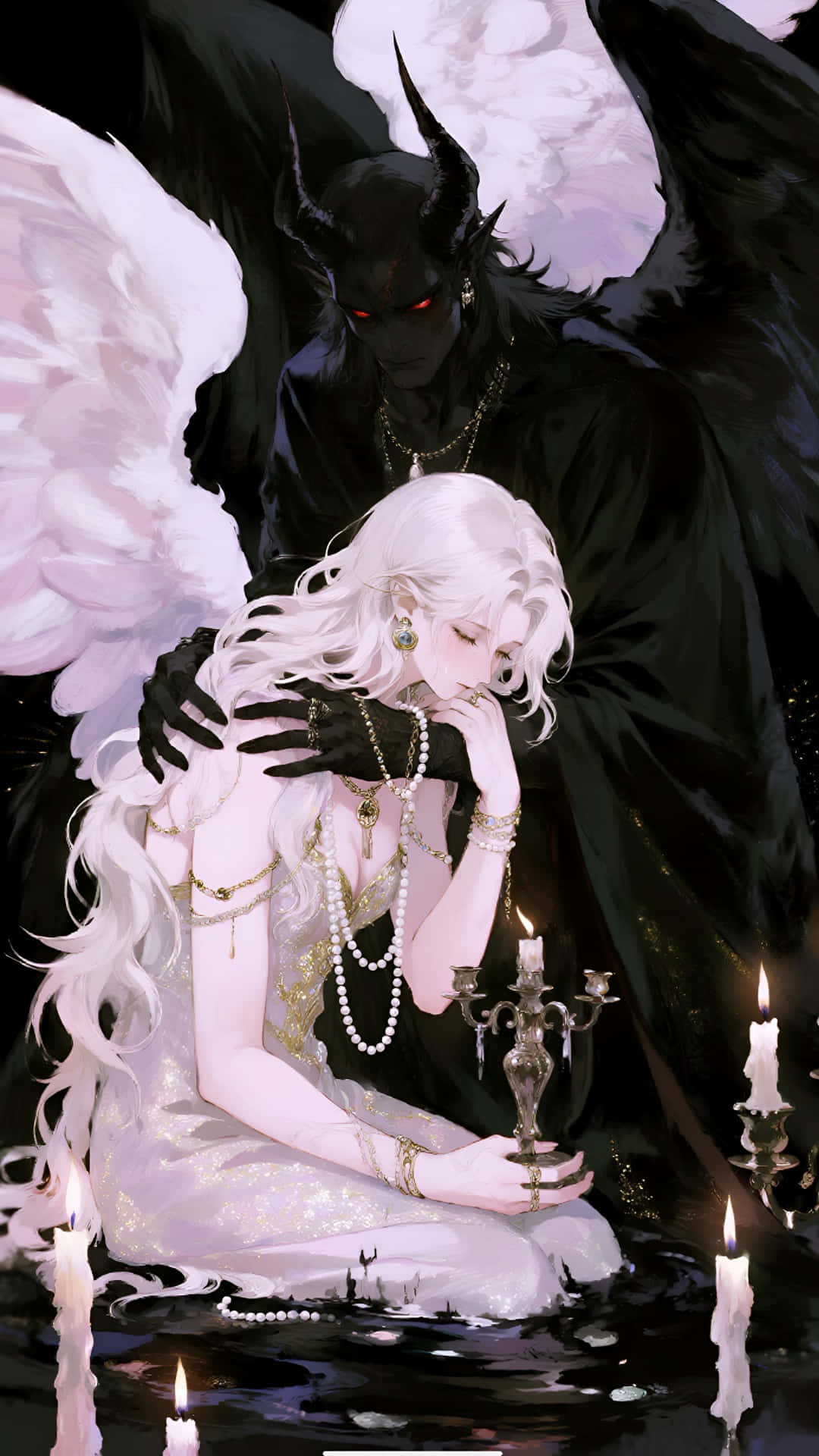 pale angelic woman, candelabra, dark horned figure, Full HD Phone Wallpaper
