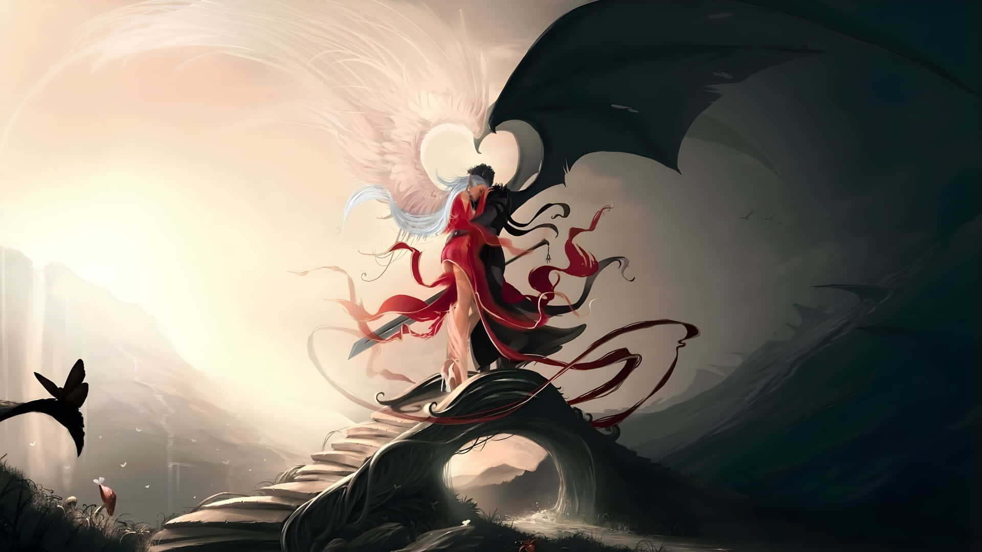 red-robed figure, white wings, black bat wings, Full HD Desktop Wallpaper
