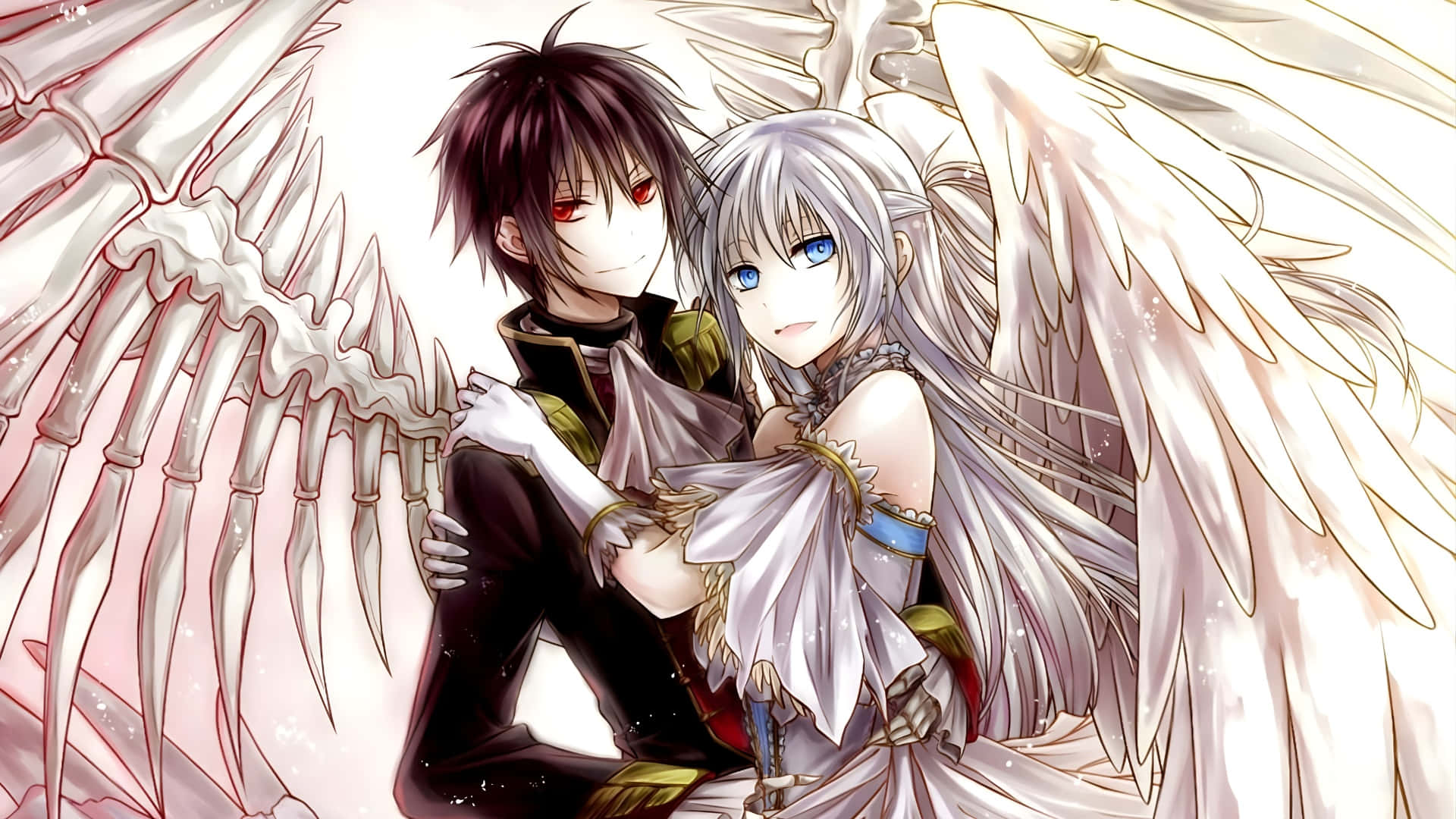 red-eyed anime boy, skeletal wings, silver-haired blue-eyed anime girl, Full HD Desktop Wallpaper