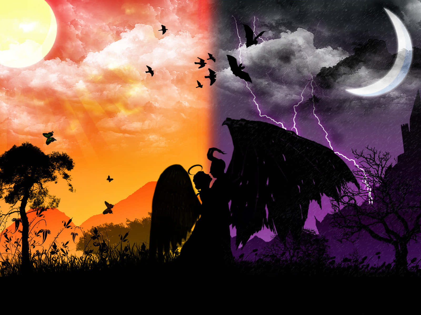 Half Angel Half Demon, sun, angelic silhouette, HD Desktop Wallpaper