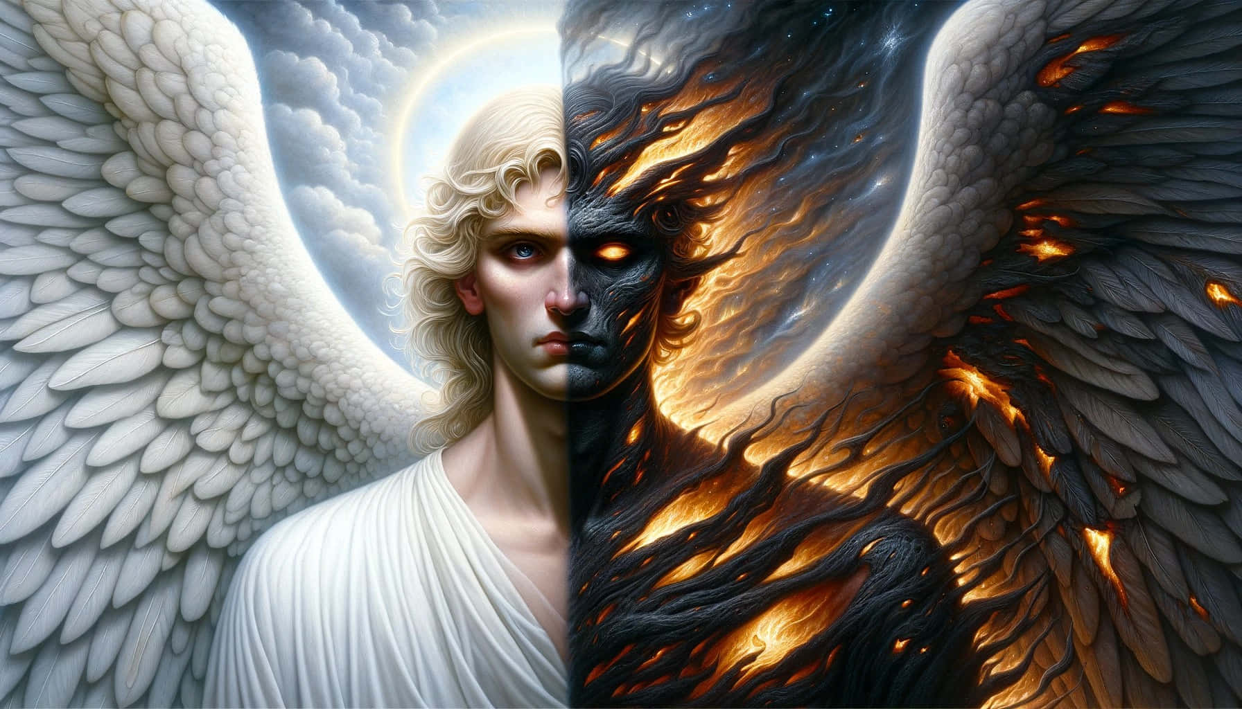 Half Angel Half Demon, white winged, haloed, HD Desktop Wallpaper