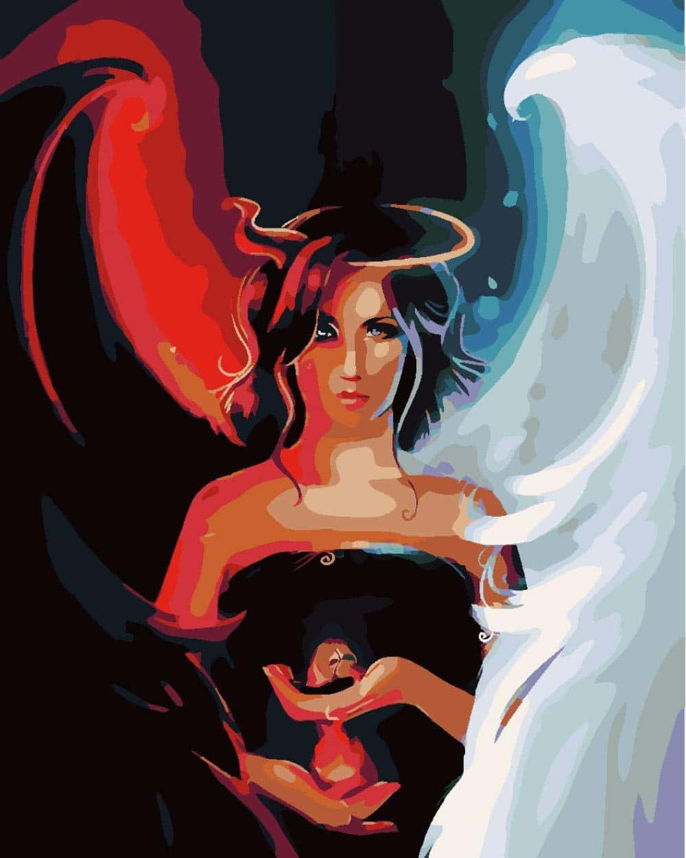red and white wings, small red figure, dark background, SD Phone Wallpaper