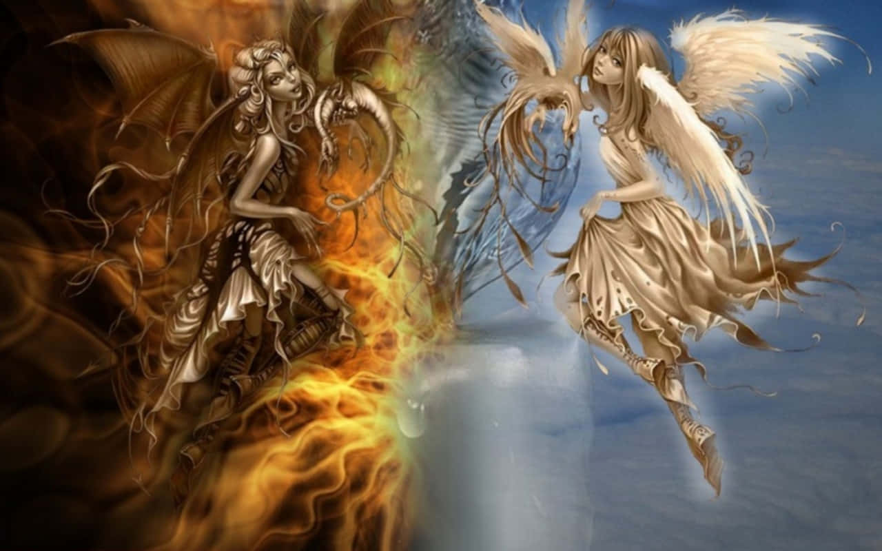 Angel Demon Duality, fiery demon, bat wings, HD Desktop Wallpaper