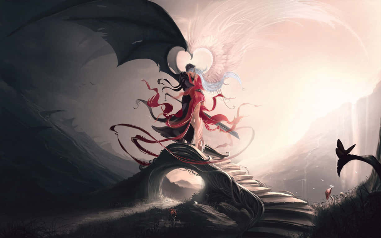 Half Angel Half Demon, dark-winged figure, red-robed angelic being, SD Desktop Wallpaper
