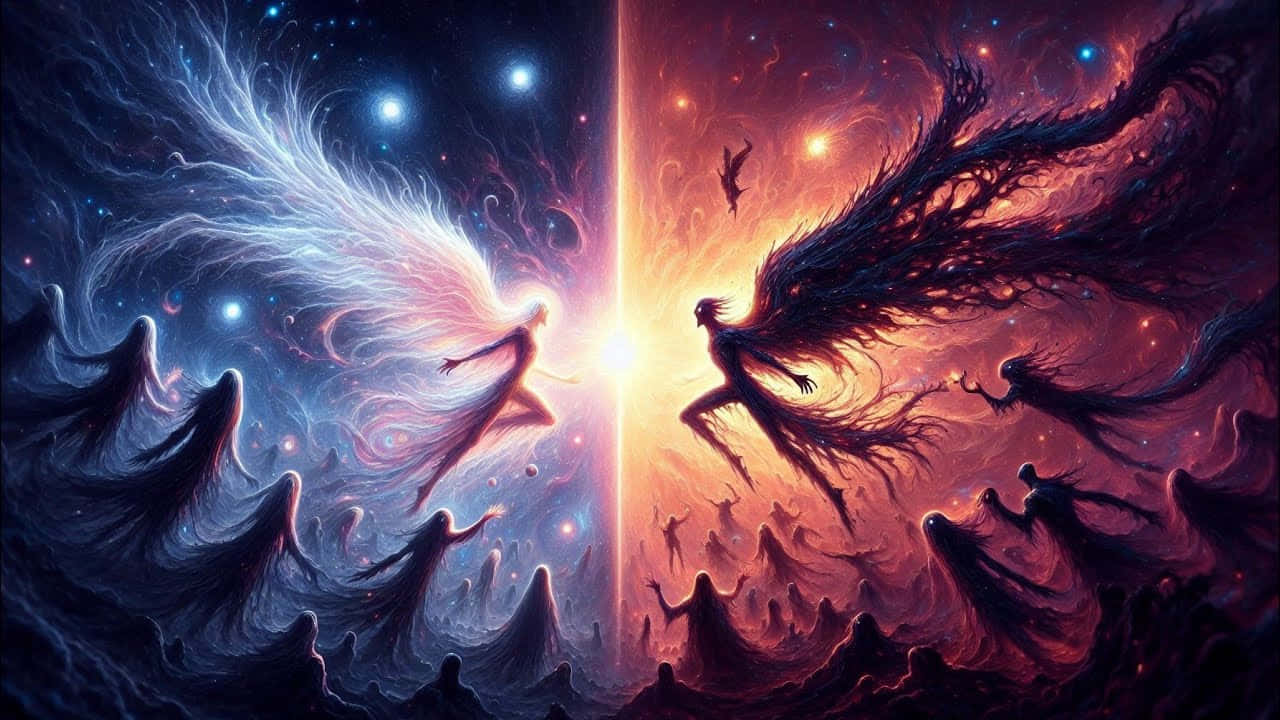 Epic Duality Angel Demon Artwork, cosmic divide, celestial beings, HD Desktop Wallpaper