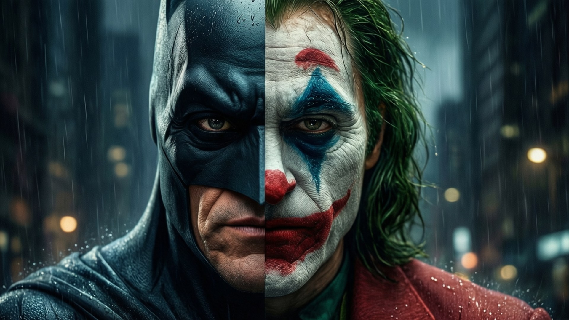 Batman, Joker, rain-soaked cityscape, Full HD Desktop Wallpaper