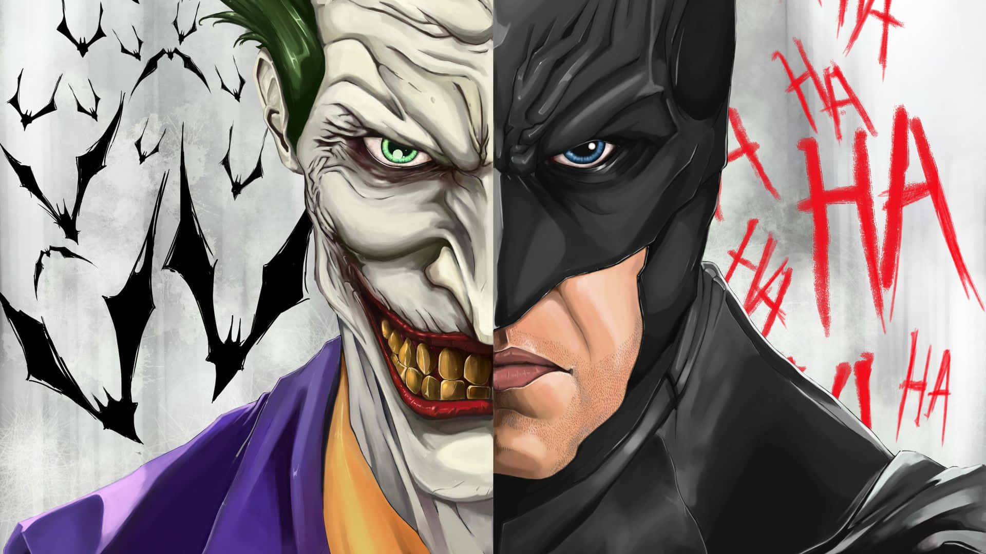 Half Batman Half Joker, anime-style, split-screen, Full HD Desktop Wallpaper