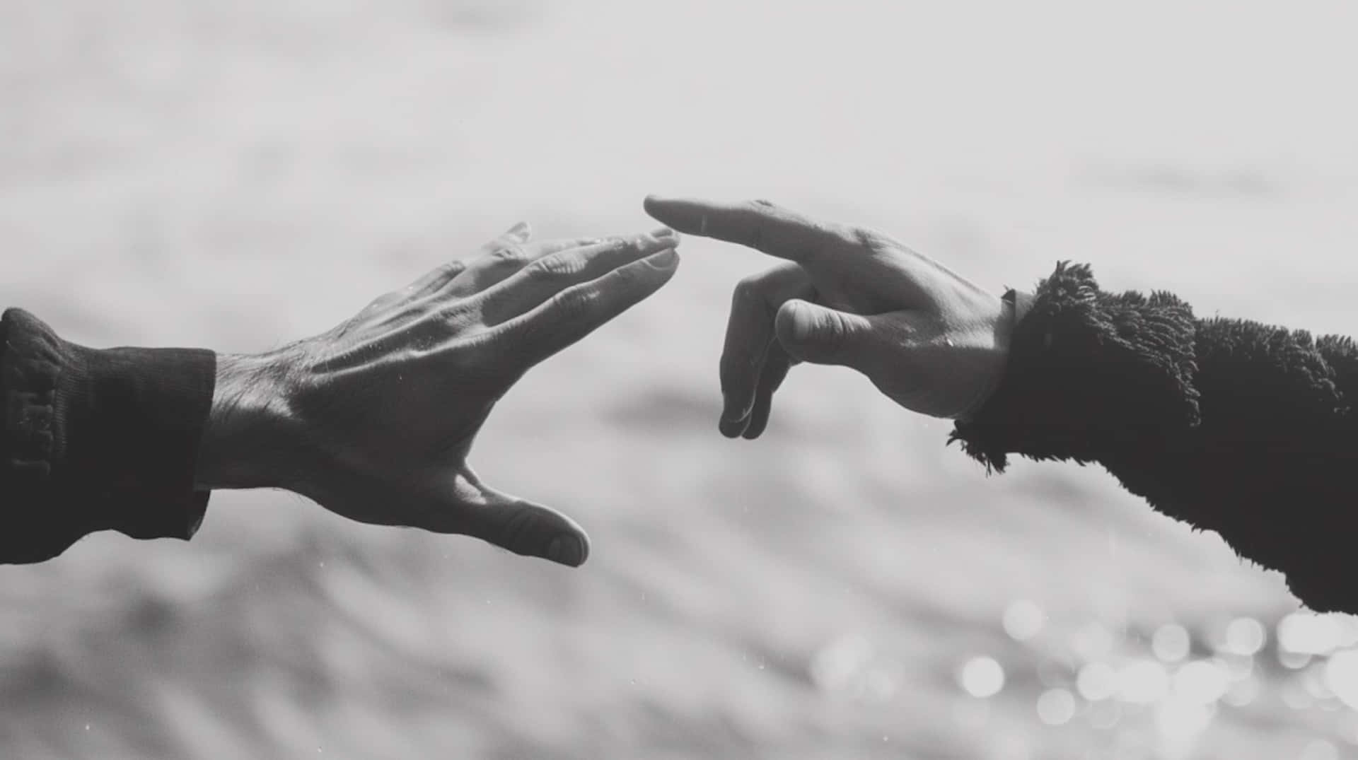 Almost Touching Hands, monochrome, blurred water background, Full HD Desktop Wallpaper
