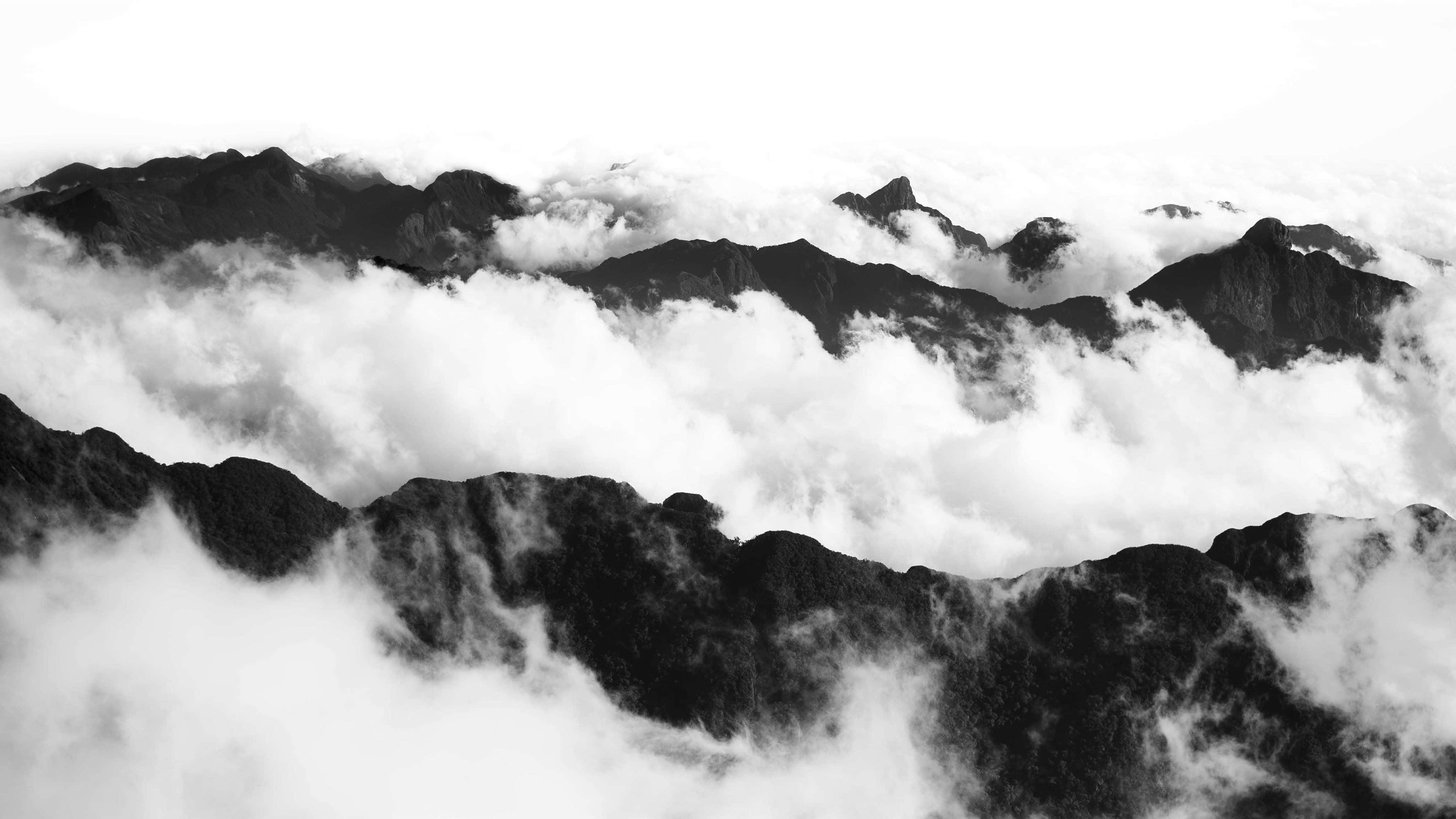 Half Black Half White, monochrome mountain peaks, swirling clouds, 4K Desktop Wallpaper