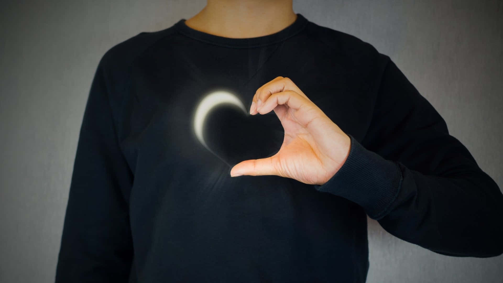 Eclipse Heart Gesture, glowing crescent moon, black sweater, Full HD Desktop Wallpaper