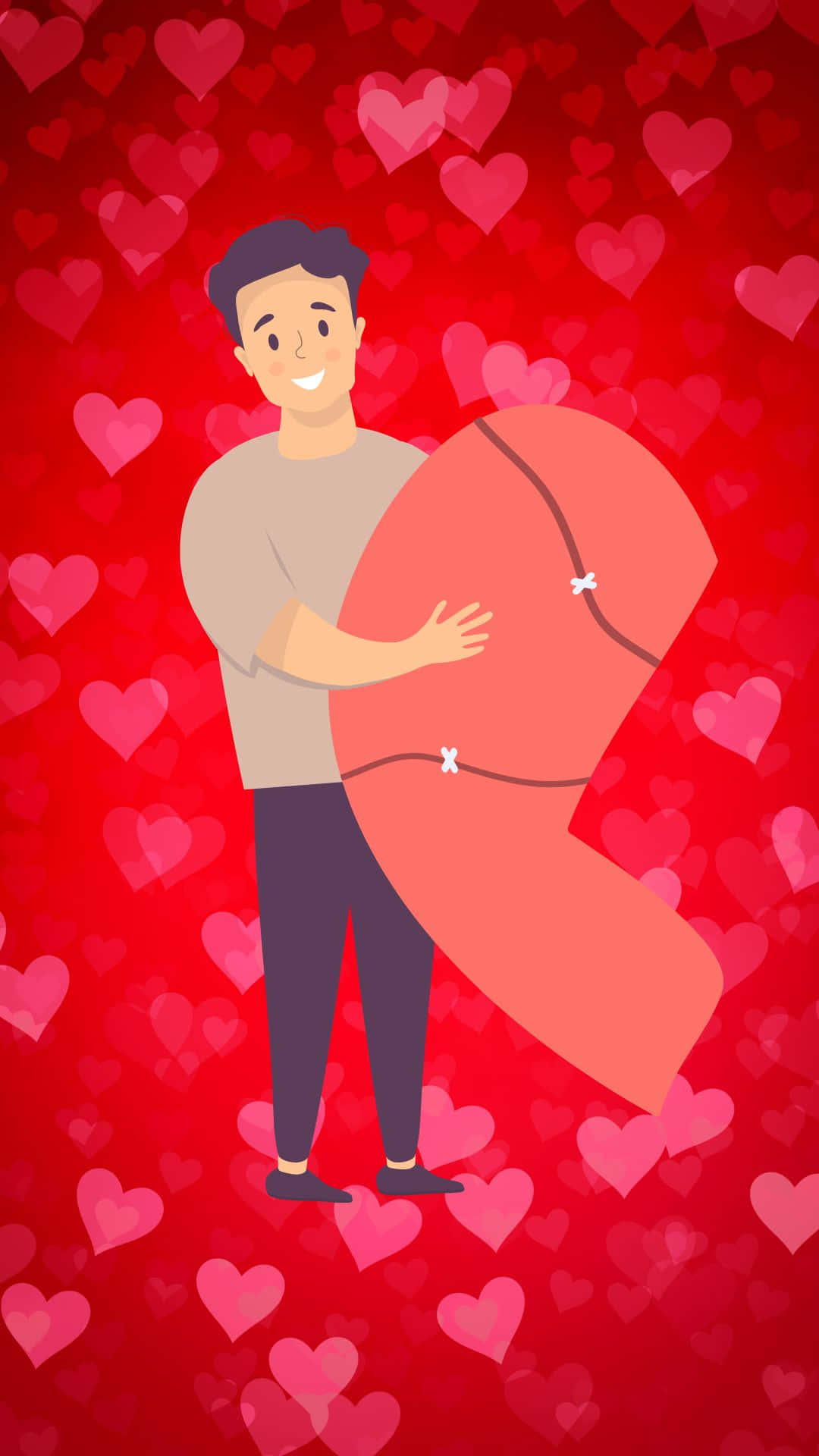 Man Holding Half Heart, giant pink heart, vibrant red background, Full HD Phone Wallpaper